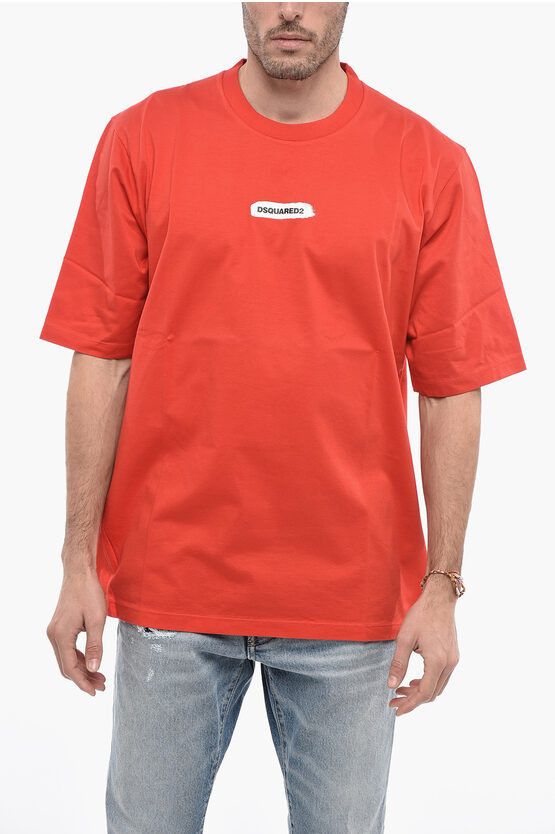 image of Dsquared2 Crew Neck Cotton T-Shirt With Paint Effect Logo in Red, Men's (Size Large)