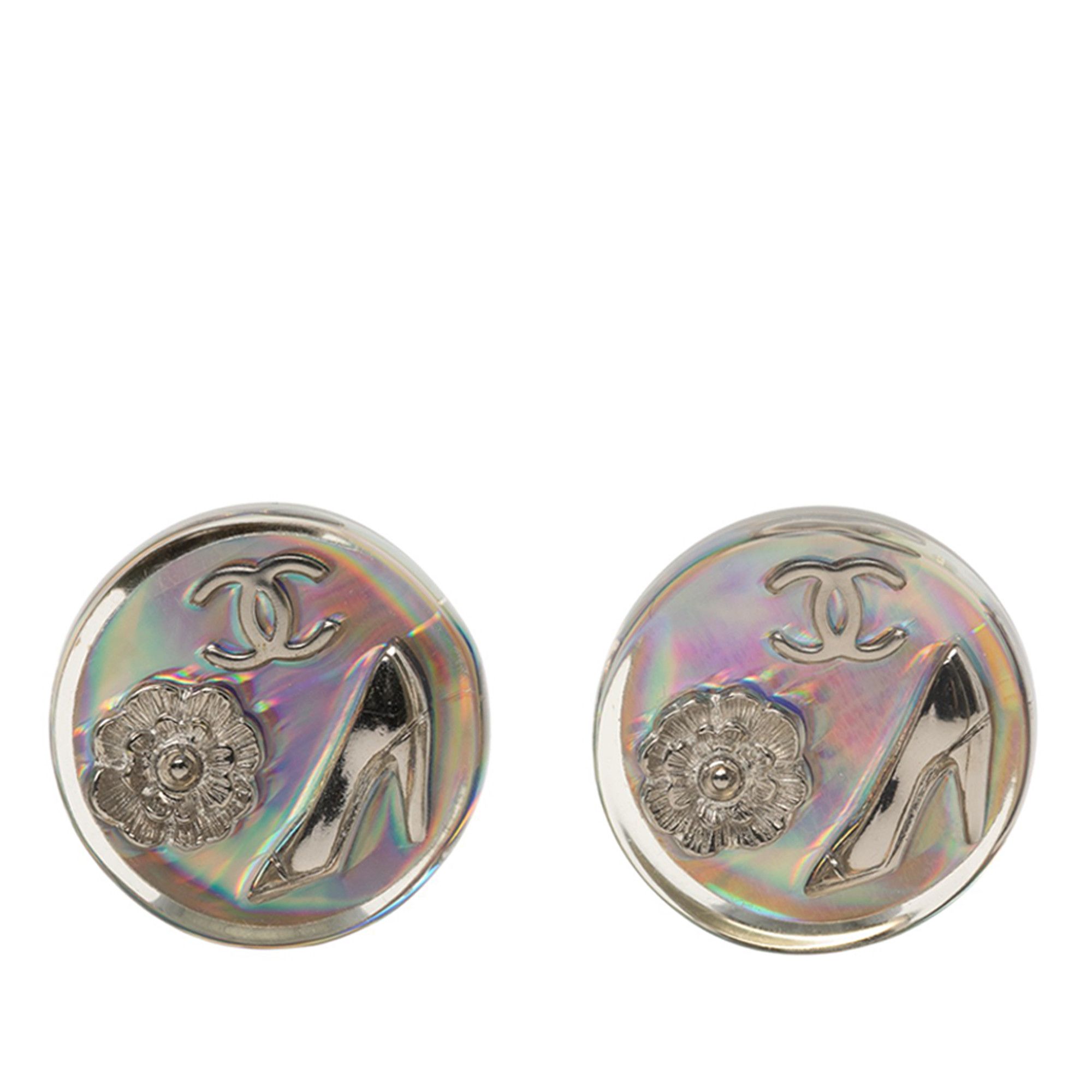 Chanel Chanel CC Resin Holographic Camellia Round Clip On Earrings Size ONE SIZE - 1 Thumbnail
