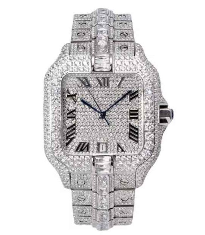 Luxury Men's Iced-Out Square Diamond Watch in Silver (Size 36)