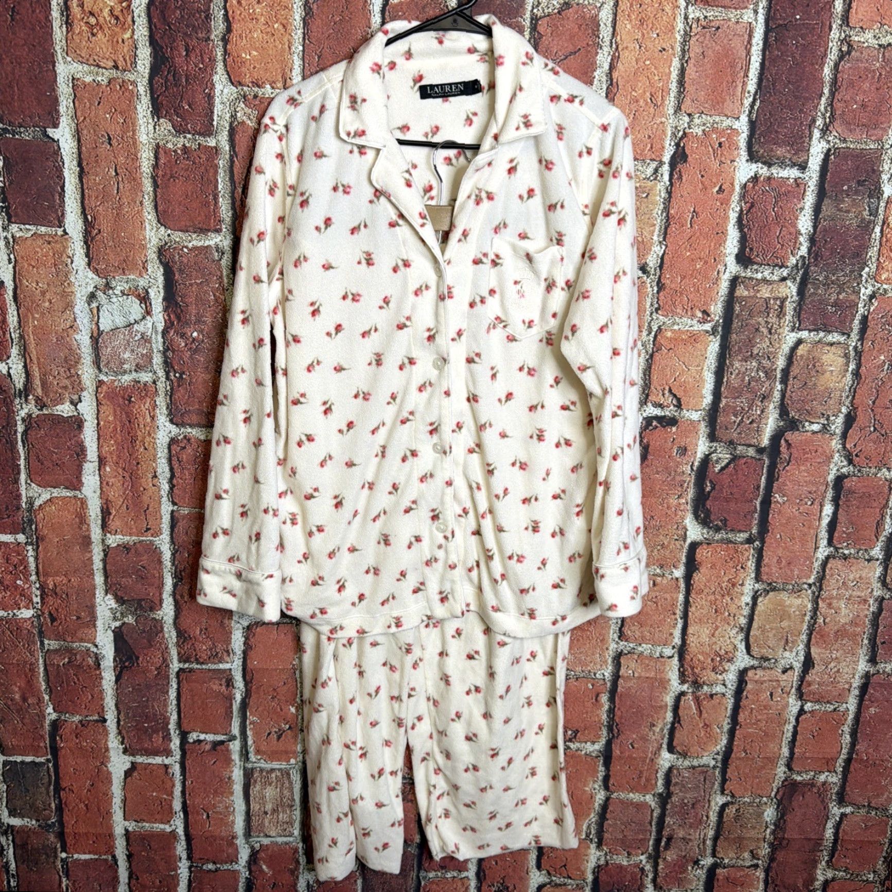 Ralph Lauren Lauren Ralph Lauren Fleece Pajama Set Women's M Ivory Floral Sleepwear Logo Size ONE SIZE - 2 Thumbnail
