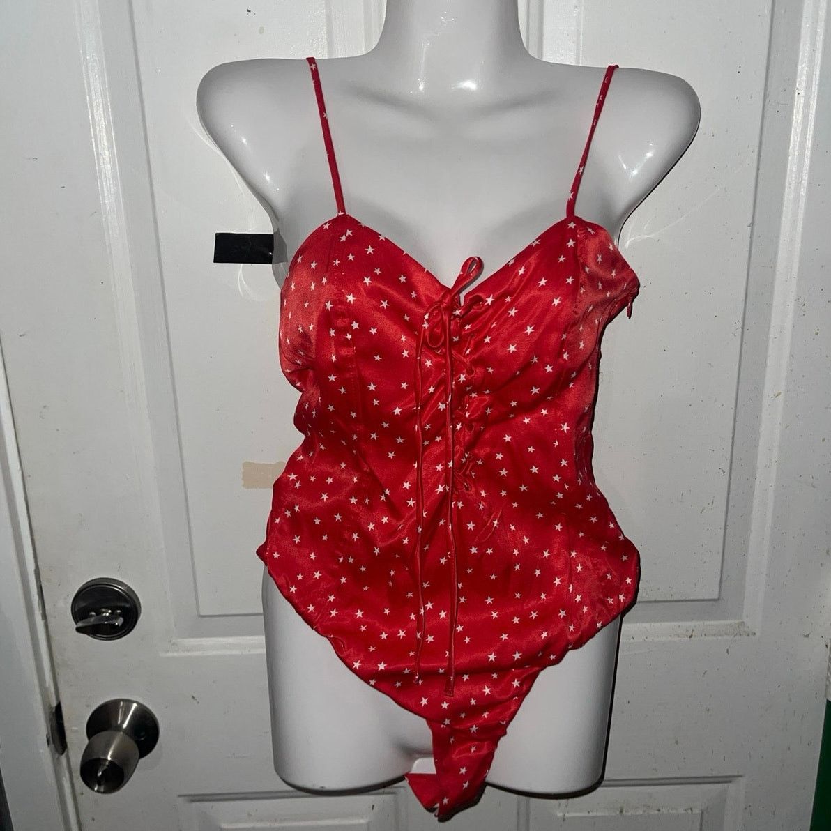 Zara Satin Style Star Print Bodysuit Red Lace Front Tie Small NWT Size S / US 4 / IT 40 - 1 Thumbnail