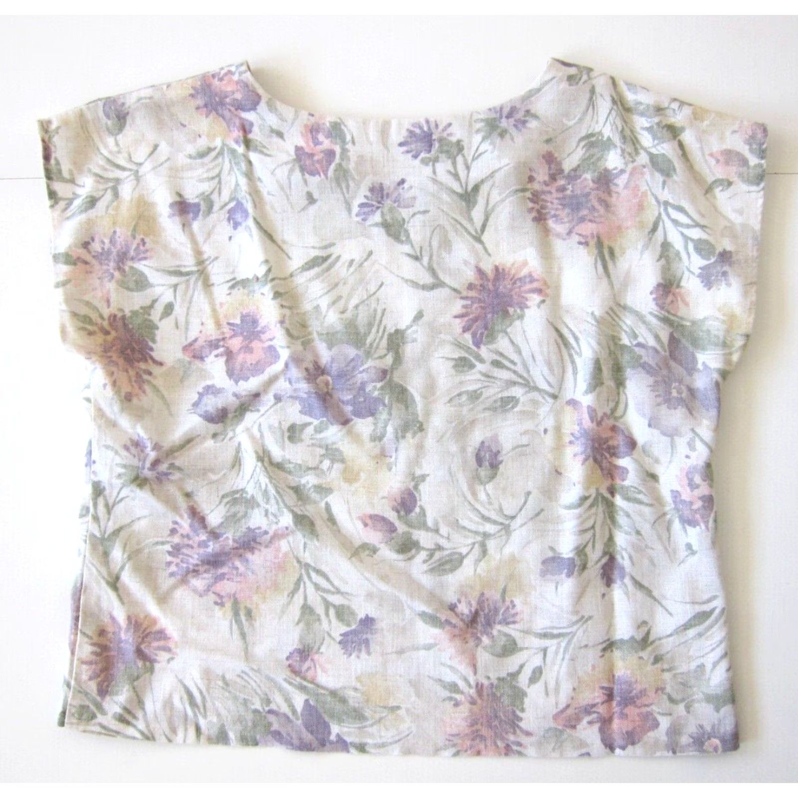FLAX VINTAGE Ann Hill Flax Ivory Purple Green Floral Boxy Lagenlook Tunic Blouse PL Size L / US 10 / IT 46 - 2 Thumbnail
