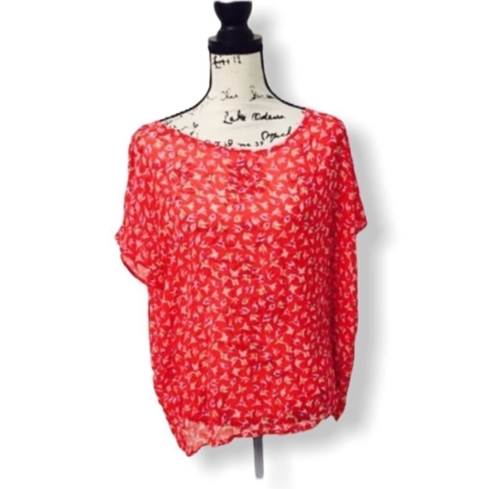 Other Leonard St. Red Silk Sheer Oversized Bird Print Blouse – Siz Size M / US 6-8 / IT 42-44 - 2 Thumbnail