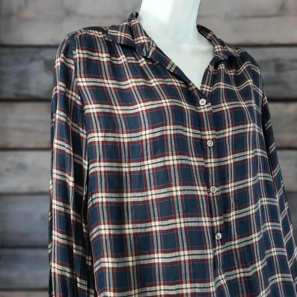 Loft Ann Taylor LOFT Womens Shirt Sz Small Blue Plaid Rayon Popover The Softened Size S / US 4 / IT 40 - 1 Thumbnail