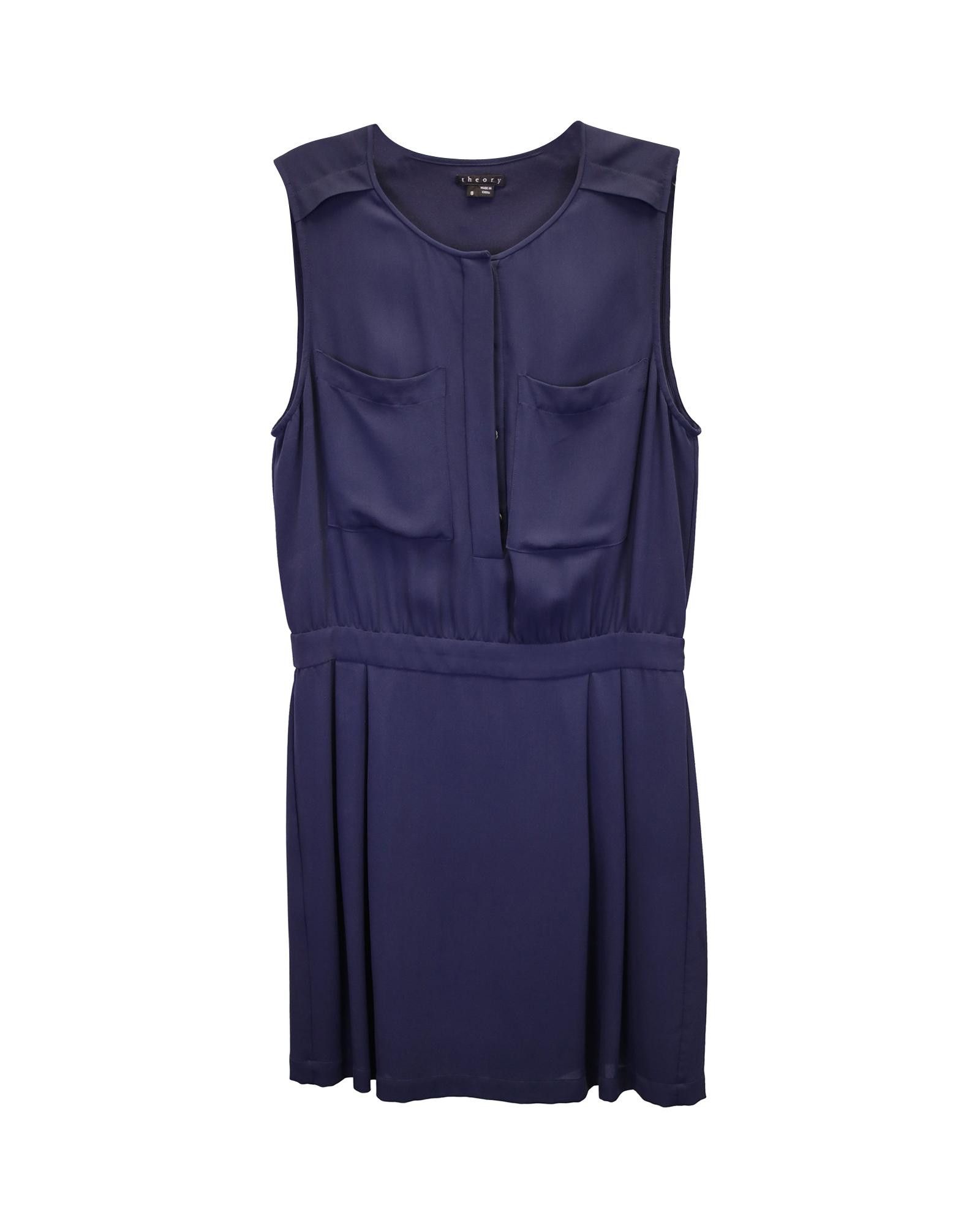 image of Theory Navy Blue Silk A-Line Dress With Button Closure, Women's (Size Medium)