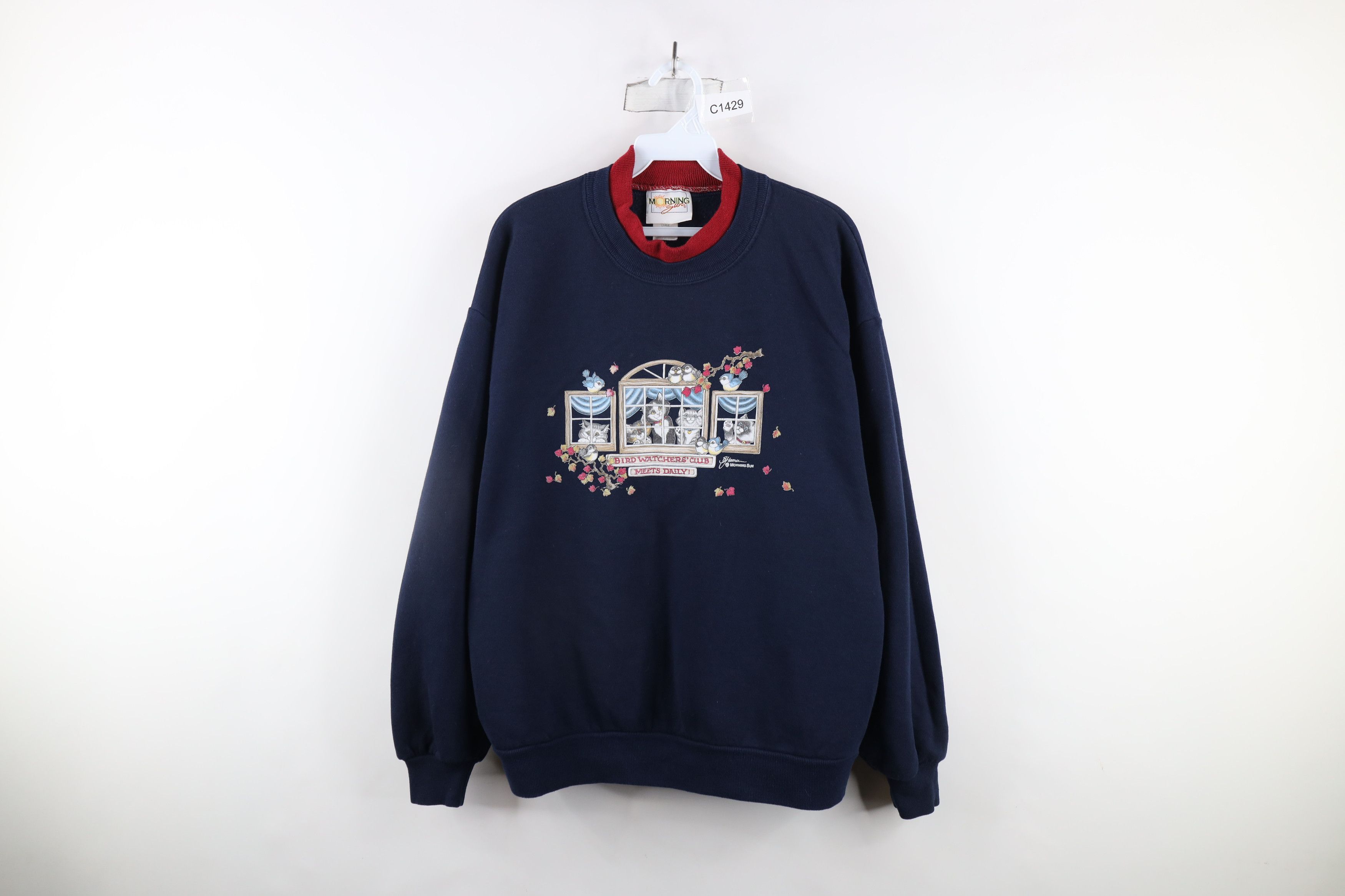 Vintage Vintage 90s Streetwear Cat Kitten Bird Sweatshirt Blue USA Size L / US 10 / IT 46 - 1 Thumbnail