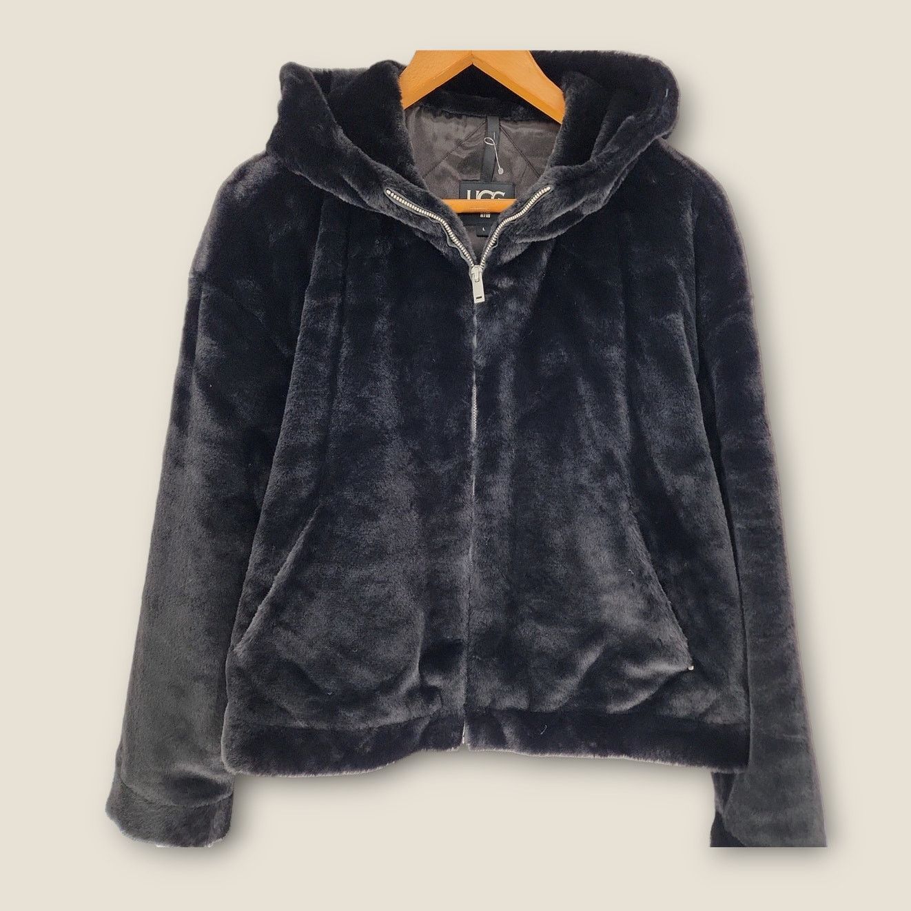 image of UGG Black Faux Fur Hooded Bomber Coat Women's Size Large