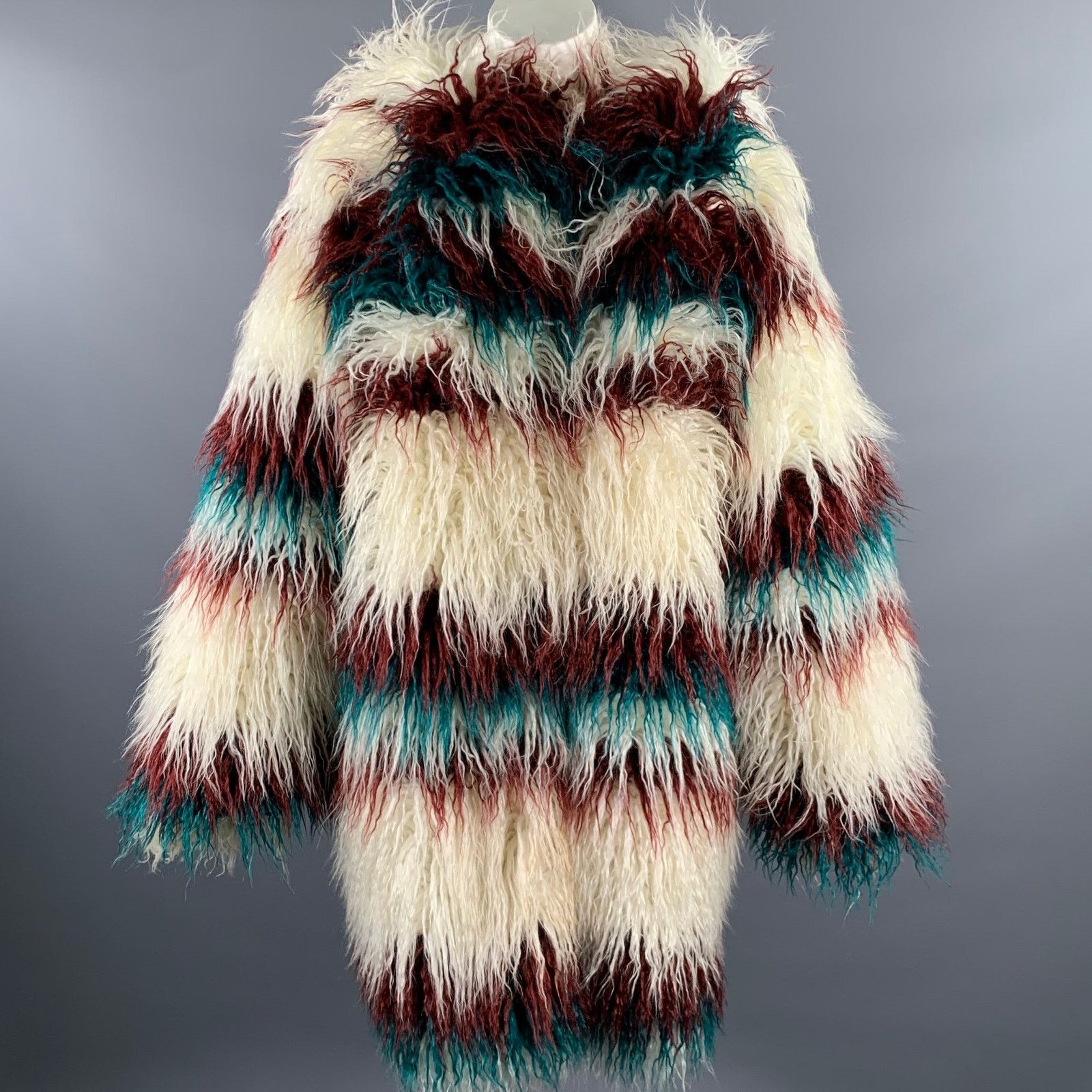 FRIED RICE FRIED RICE One Size White Burgundy Teal Stripe Faux Fur Coat Size US M / EU 48-50 / 2 - 1 Thumbnail