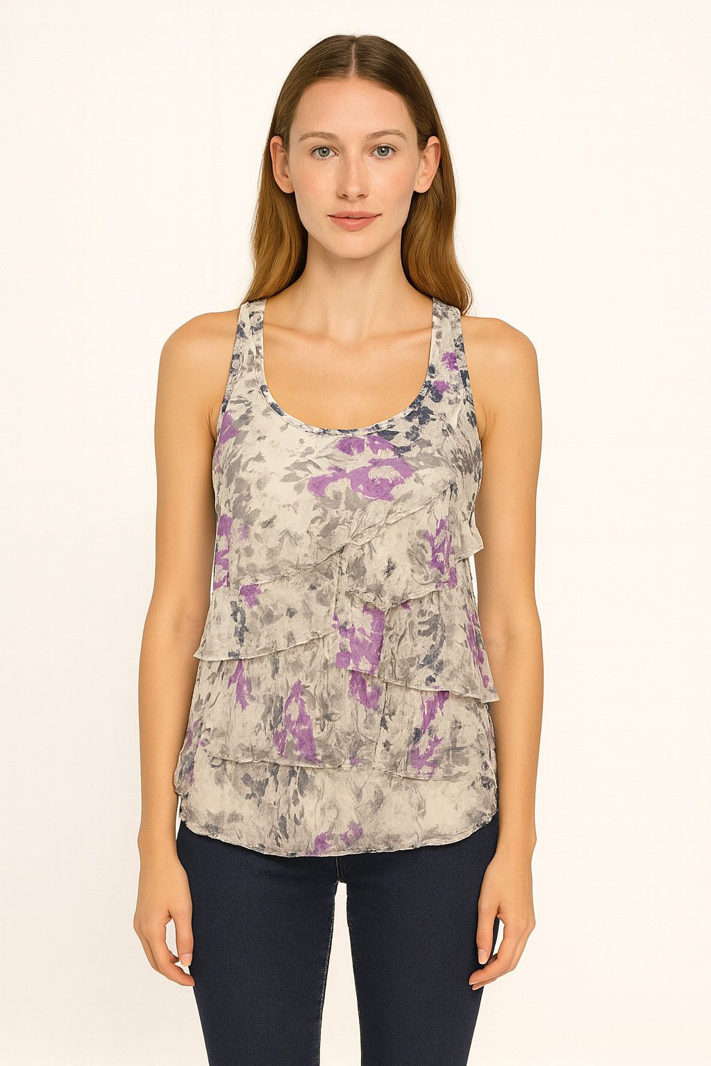 Eliot Sheer Silk Floral Ruffle Racerback Tank Gift Spring
