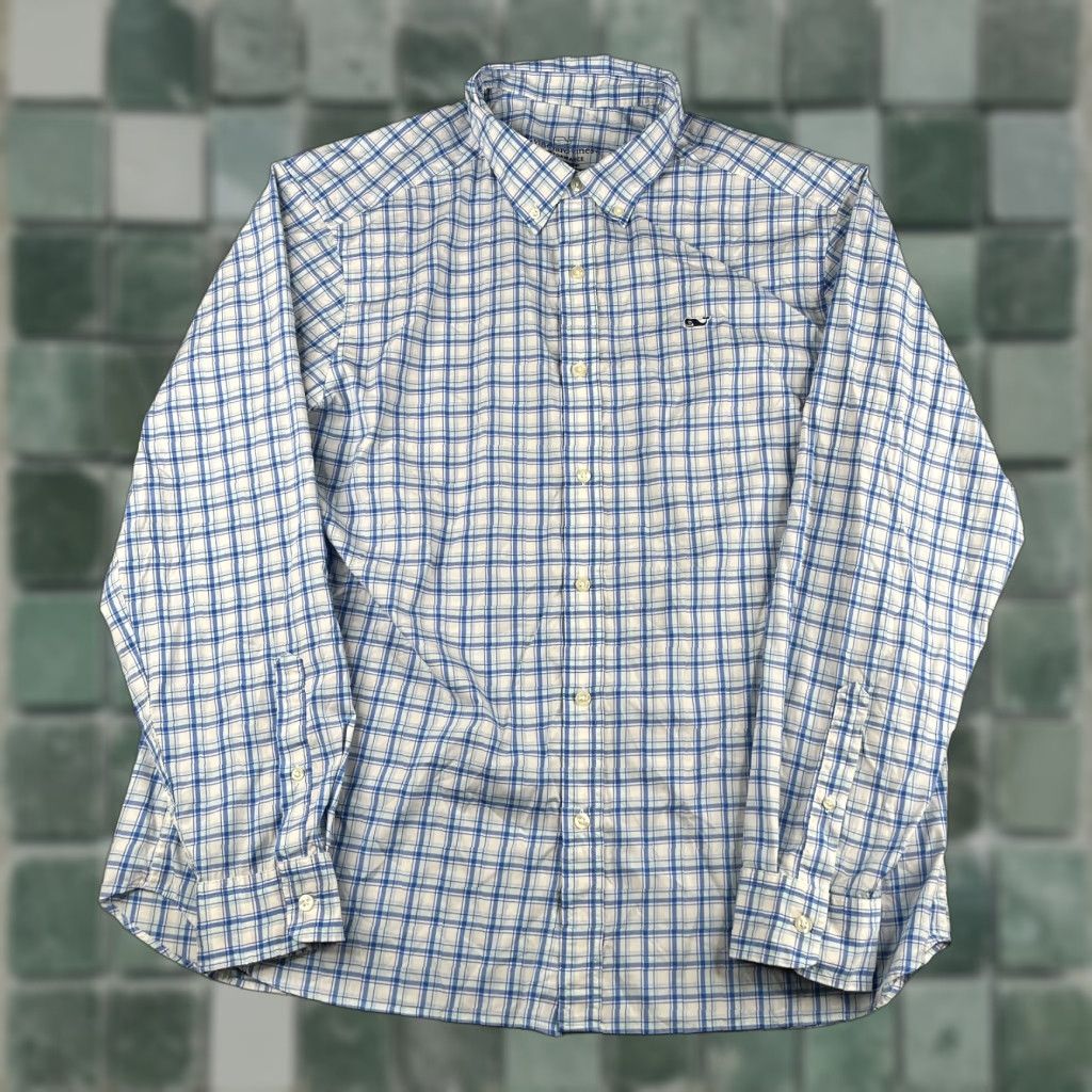 Vineyard Vines Button-Up Shirt XL Blue Check Men Long Sleeve Classic Fit Button-Down Collared Nylon Spandex Lightweight