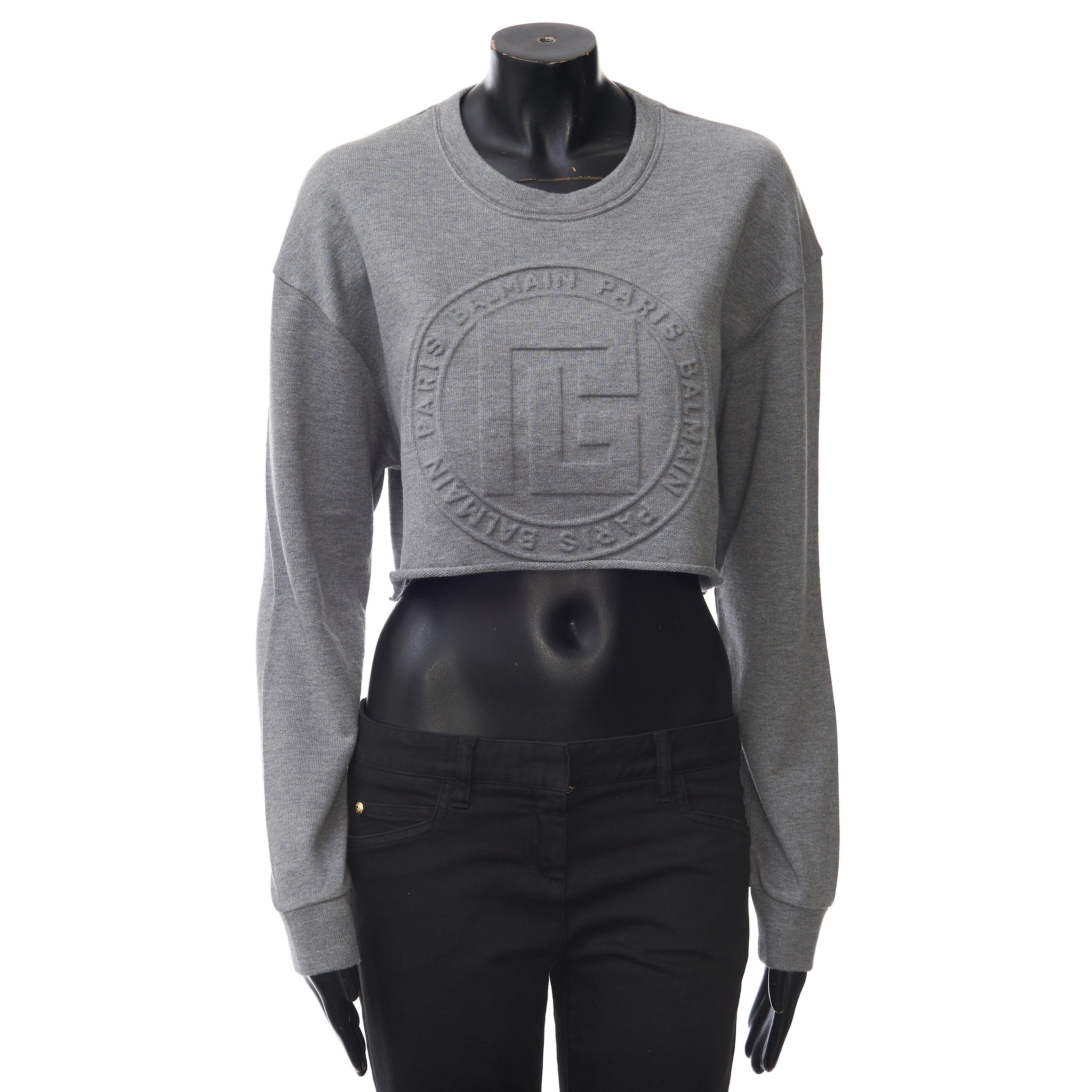 Balmain Cropped Heather Gray Sweatshirt With Embossed Balmain Logo Size XL / US 12-14 / IT 48-50 - 1 Thumbnail