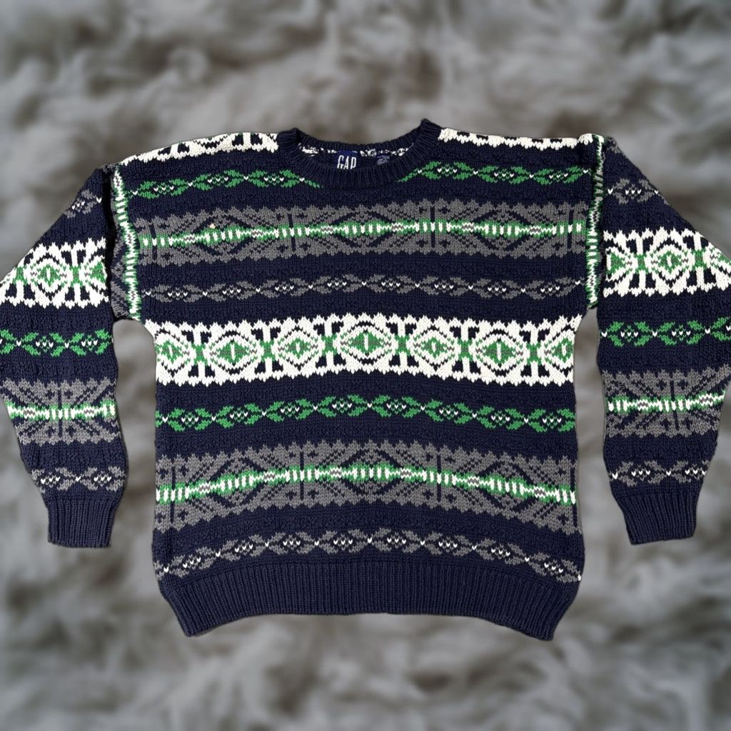 Gap VINTAGE Gap Sweater Mens L Blue Green White Fair Isle Knit Pullover Crew Sweater Knit Drop Shoulders Ski Winter 80s 90s Casual Mens Size US L / EU 52-54 / 3 - 1 Thumbnail