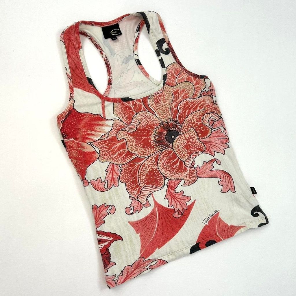 Just Cavalli y2k Cavalli white tank top red and black floral print Size XS / US 0-2 / IT 36-38 - 1 Thumbnail