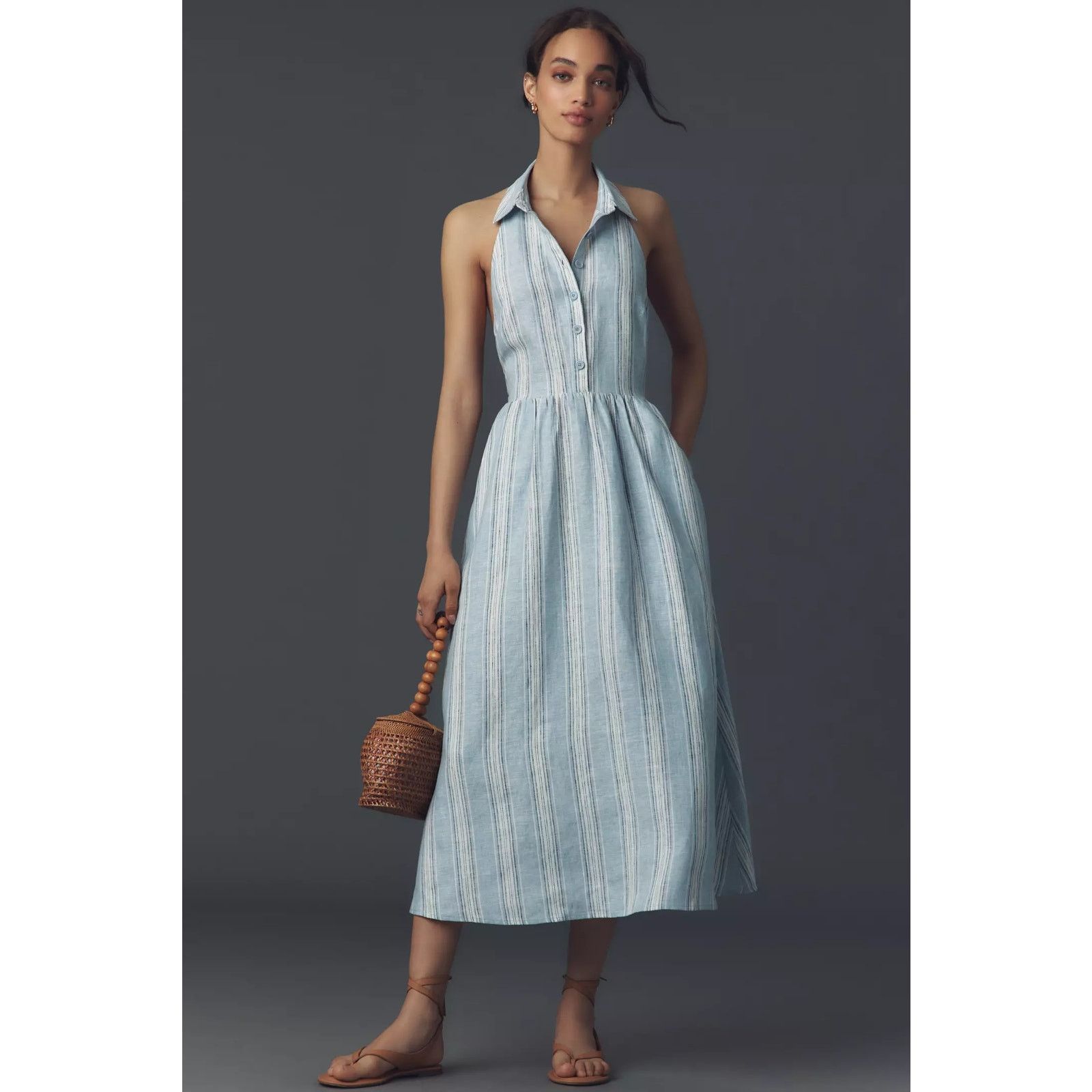 New Tace Linen Midi Shirt Dress $248 12 Blue Striped -  www.feelgoodvending.com