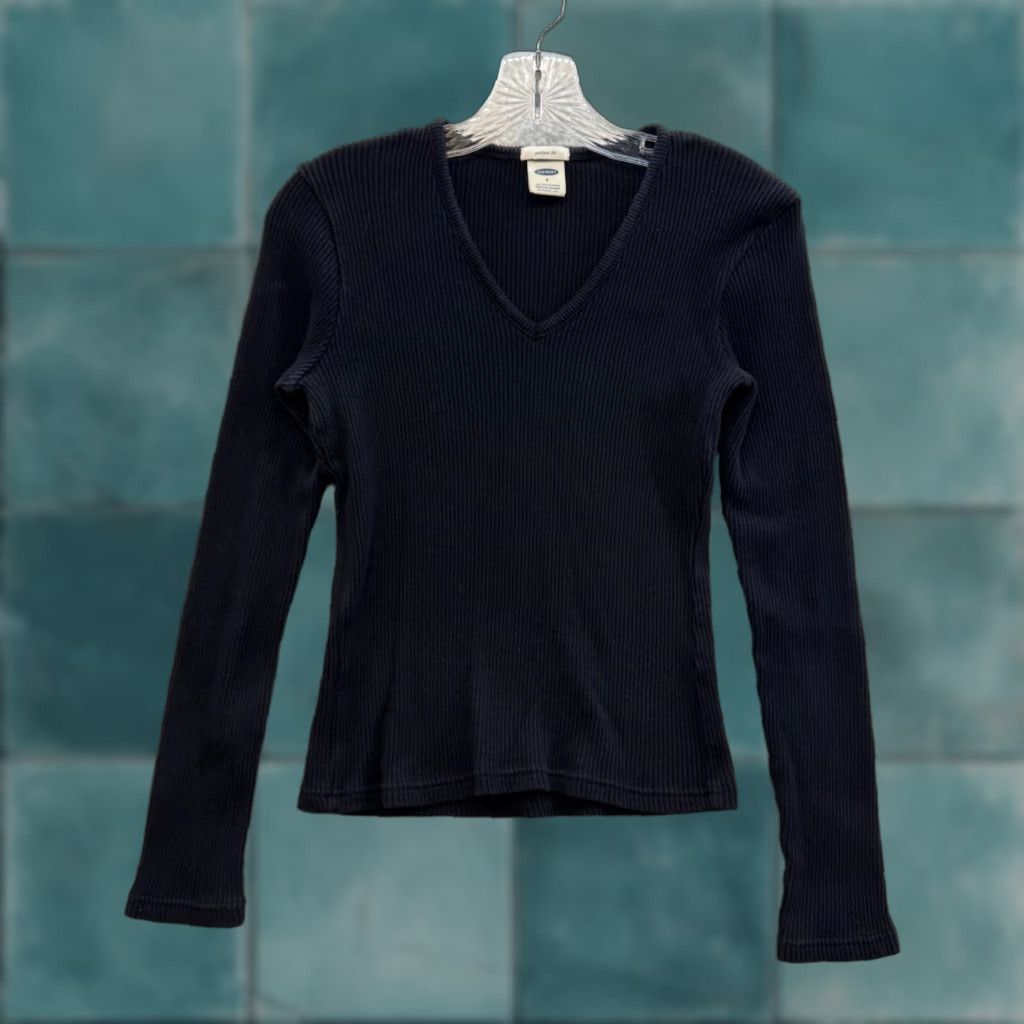 Old Navy VINTAGE Y2K Black Long Sleeve Shirt XS Small Rib Knit V-Neck Basic Minimalist Size S / US 4 / IT 40 - 1 Thumbnail