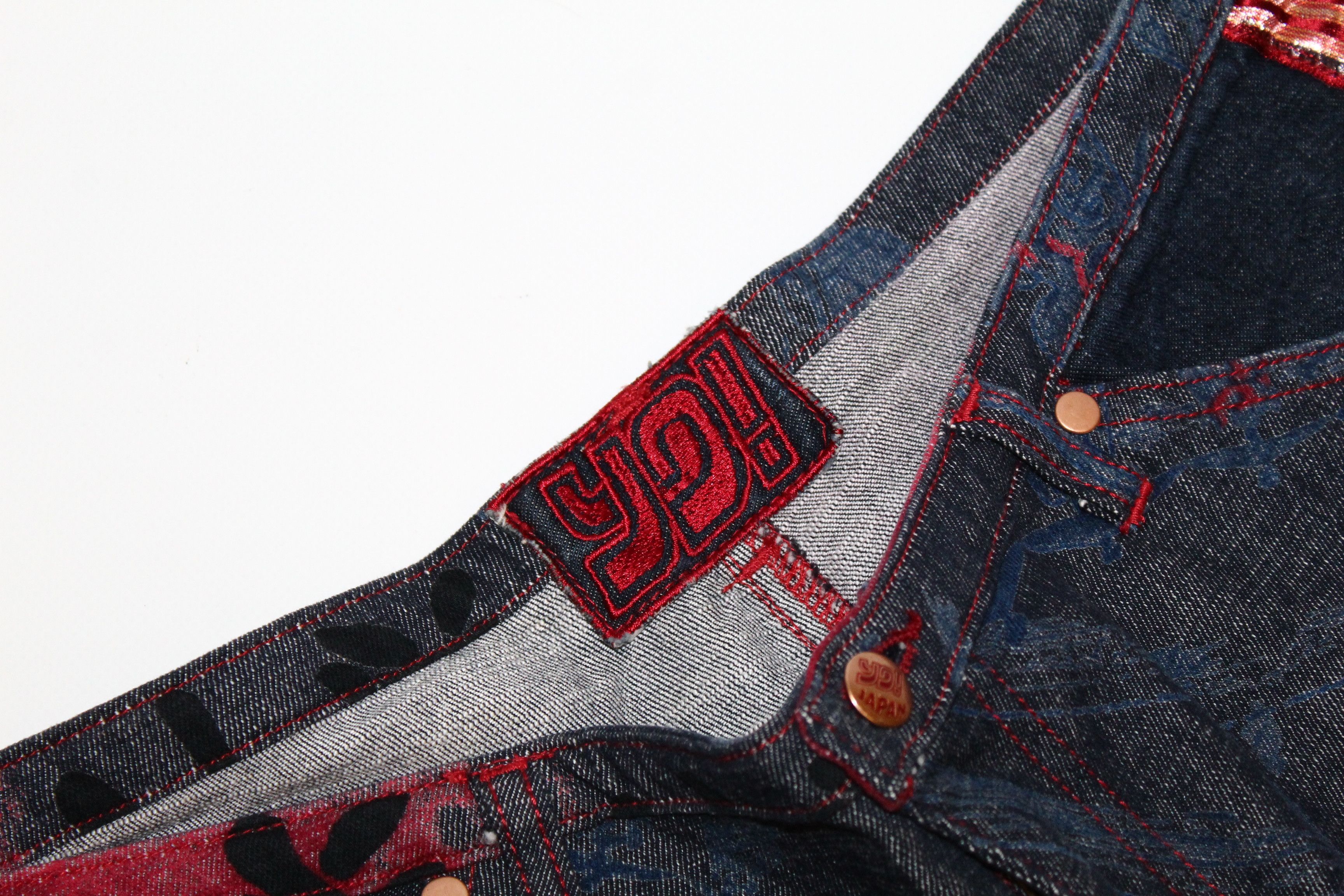 If Six Was Nine 💥YO! Japan Artwork Gold Taped Trim Crazy Flared Rap Jeans Size US 32 / EU 48 - 4 Thumbnail