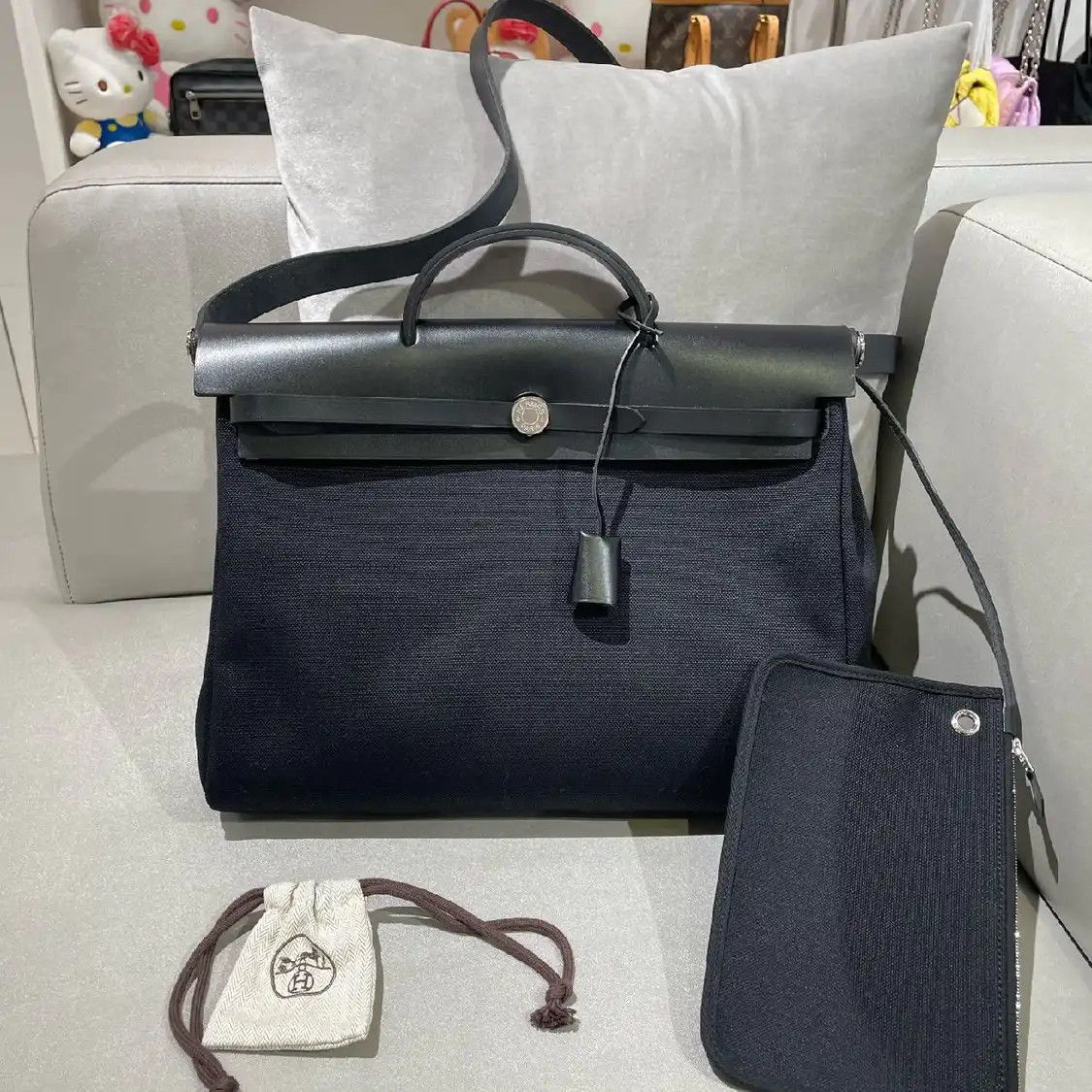 Hermes Hermes Herbag Messenger 39 black canvas crossbody bag silver hardware B sub-pock Size ONE SIZE - 1 Thumbnail