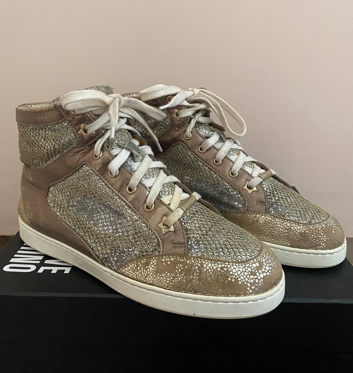 Jimmy Choo Jimmy Choo Metallic Gold Leather And Glitter Miami High Top Size US 8 / IT 38 - 2 Thumbnail