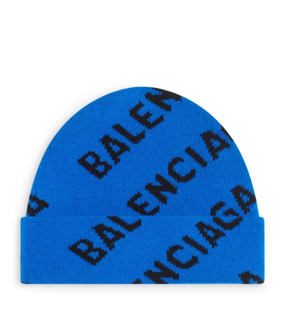 image of Balenciaga O1In1G1123 Allover Logo Beanie In Blue, Women's