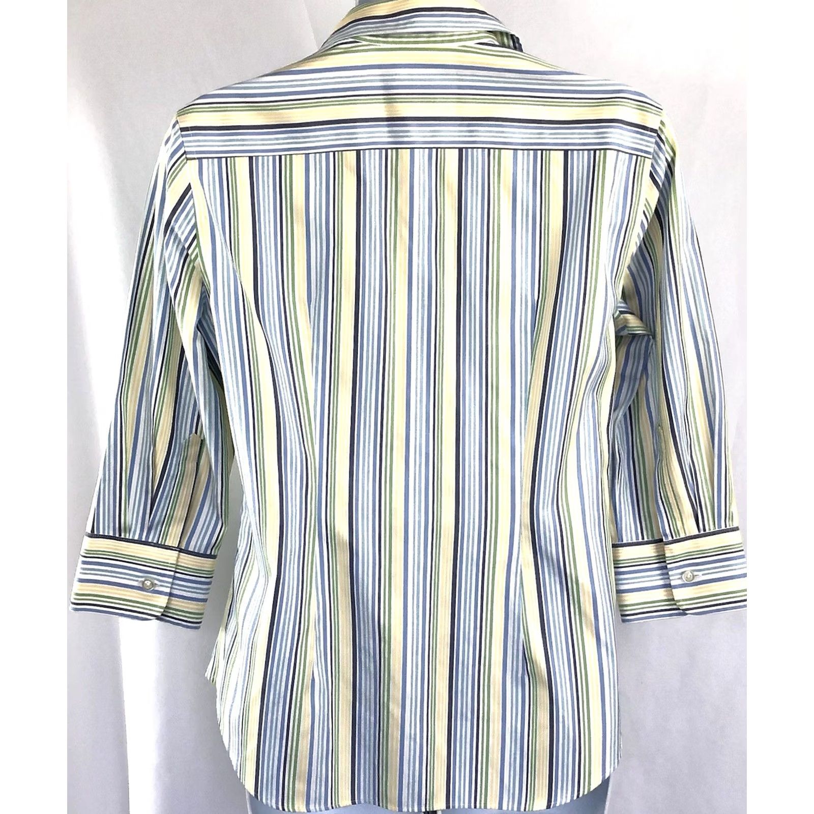 Lands' End Lands' End Top 4 Blue/green Stripe ButtonUp Oxford 3/4Sleeve Preppy Career Office Blouse Womens Size S / US 4 / IT 40 - 3 Thumbnail