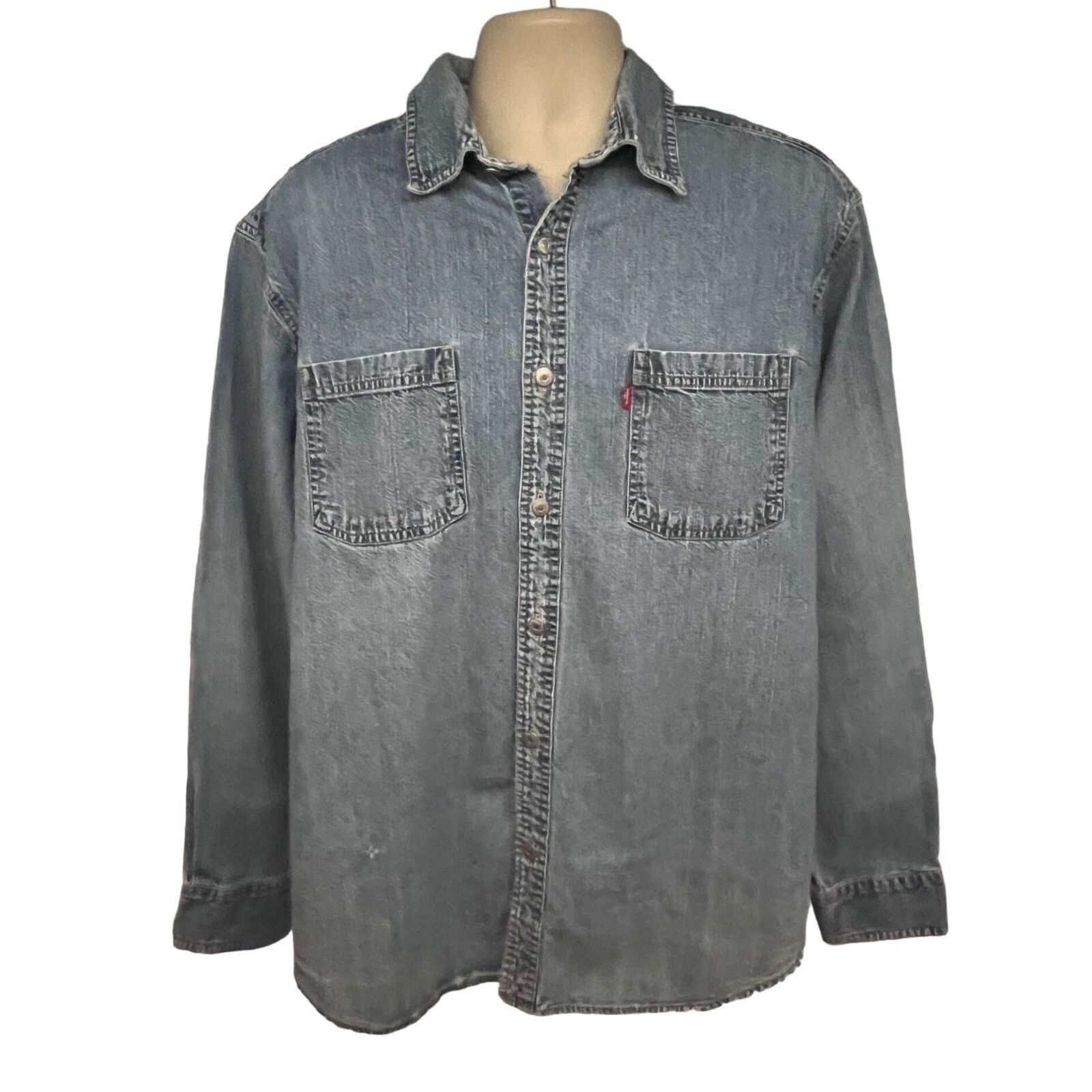 Levi's Levis Blue Relaxed Distressed Denim Button Shirt L Pockets Size US L / EU 52-54 / 3 - 1 Thumbnail