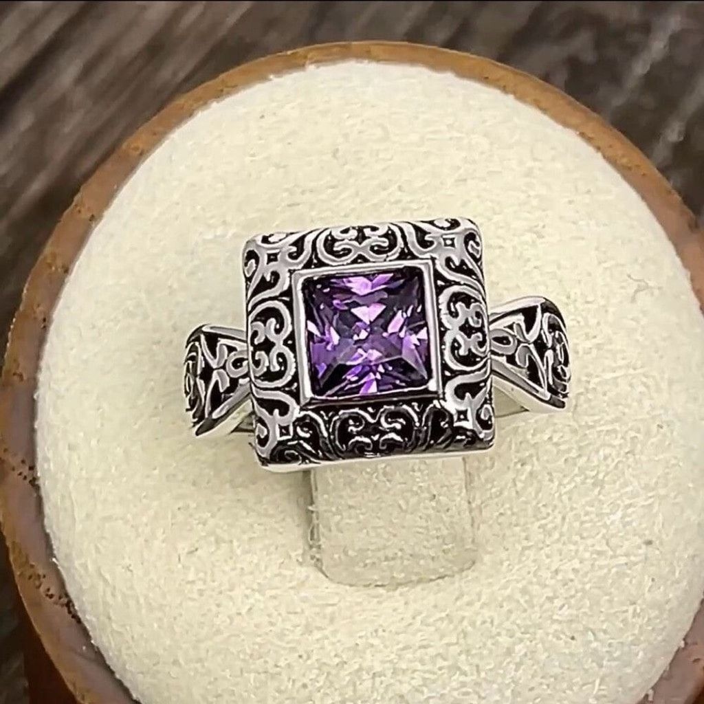 Other Sterling Silver Ornate Square Cut Amethyst CZ Ring Size 6 Size ONE SIZE - 2 Thumbnail