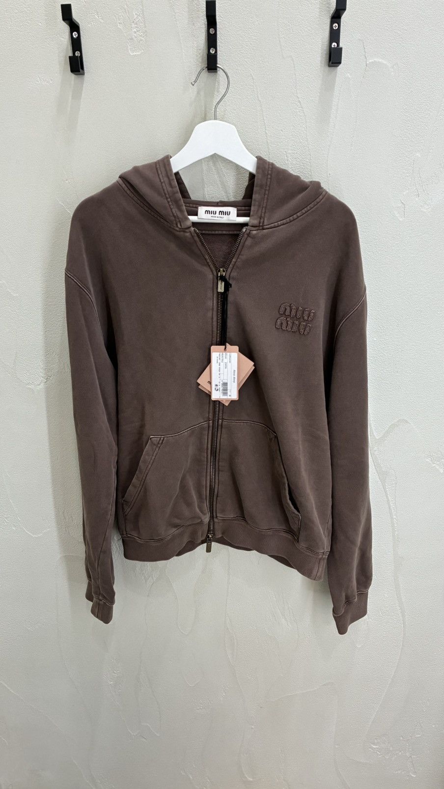 Miu Miu Garment Cacao Cotton Fleece Zip Up Hoodie