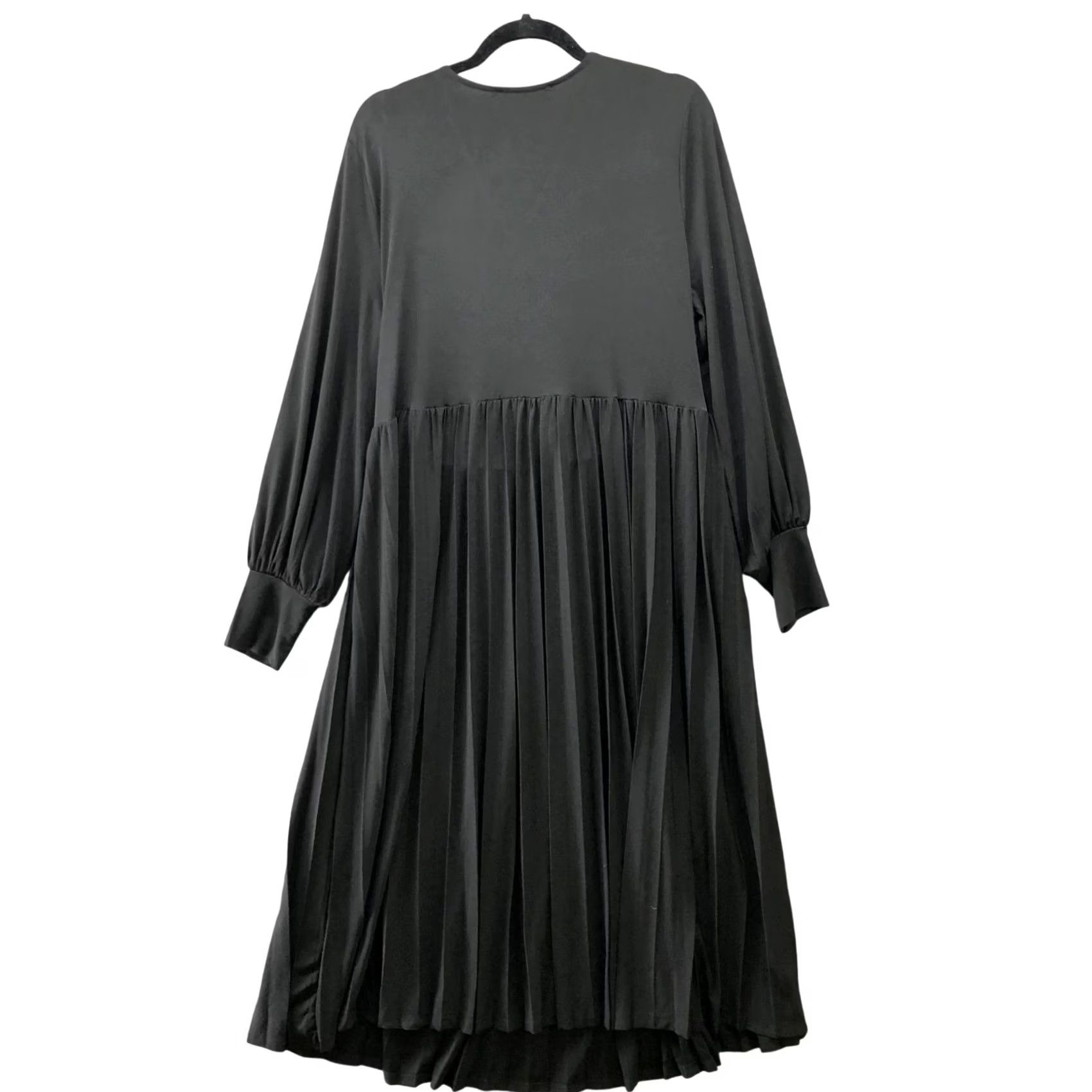 Vintage Eloquii Knot Front Pleated Skirt Dress Black Long Sleeve Knee Length 18 Plus Women A-Line V-Neck Jersey Knit Professional Wearable Dress Size XXL / US 16-18 / IT 52-54 - 2 Thumbnail