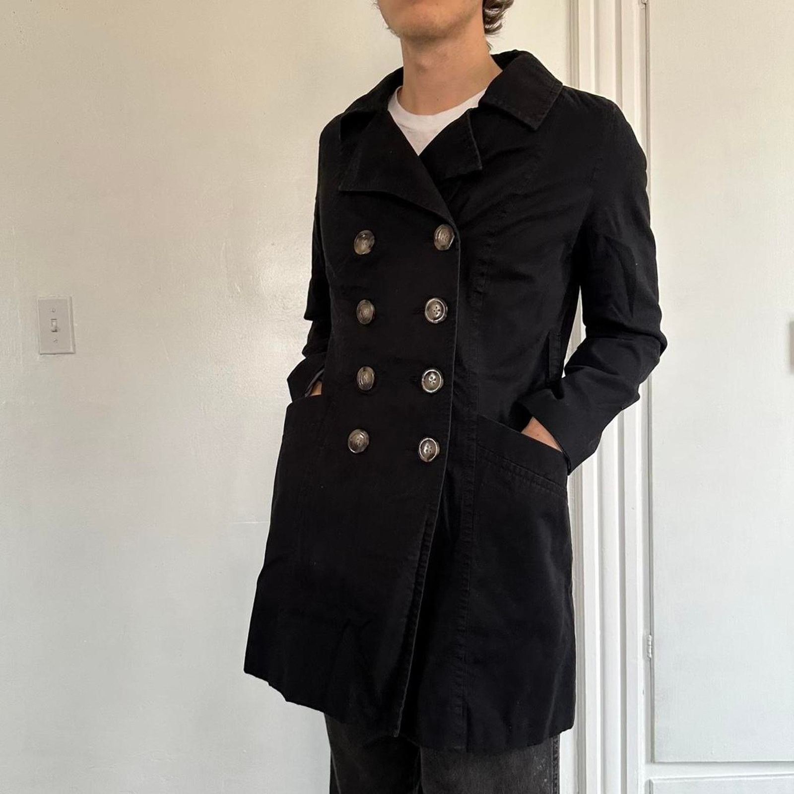 Vintage Y2K 00s Old Navy Black Faded Button Trench Peacoat