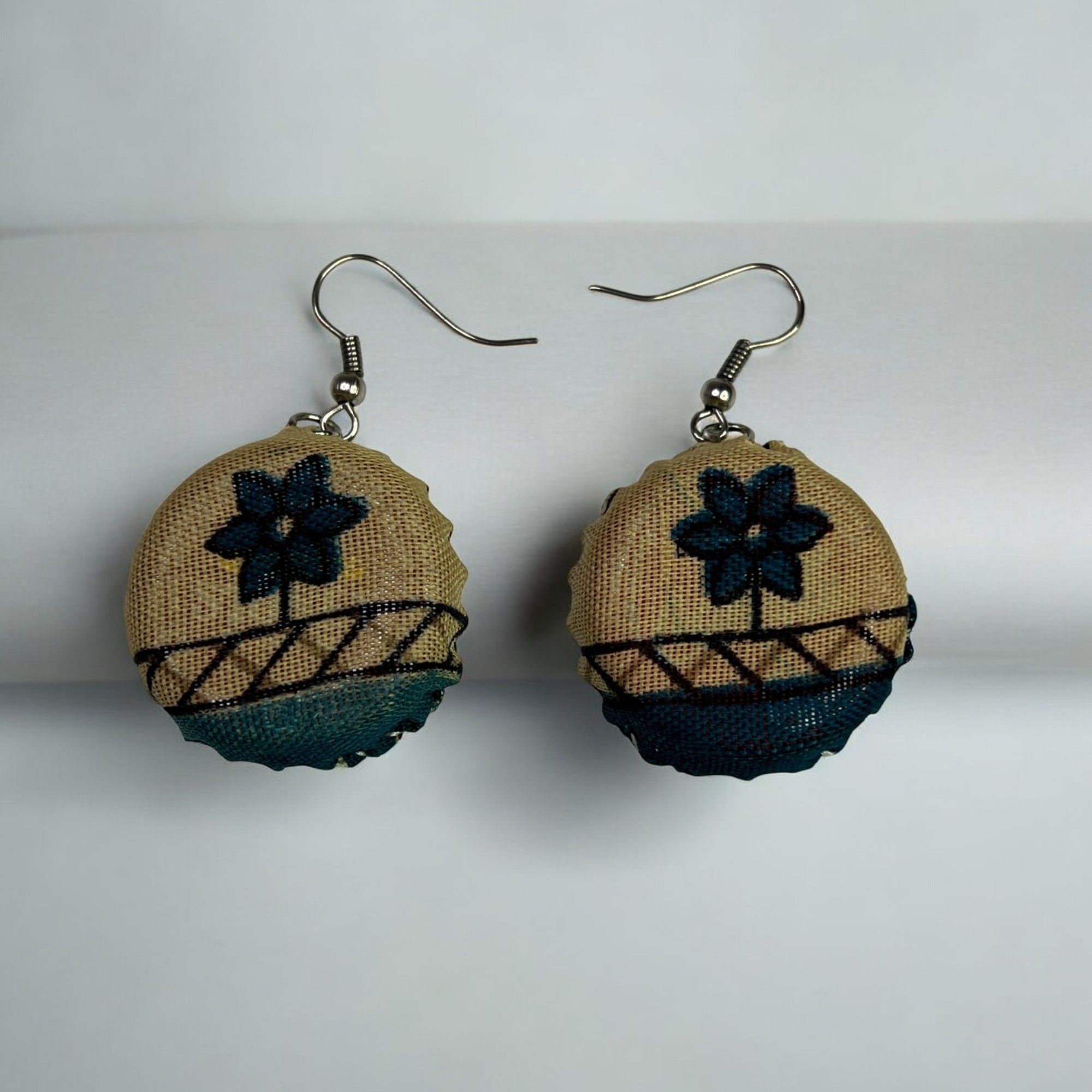 Vintage Handcrafted Round Fabric Earrings With Floral Pattern & Hook Size ONE SIZE - 1 Thumbnail