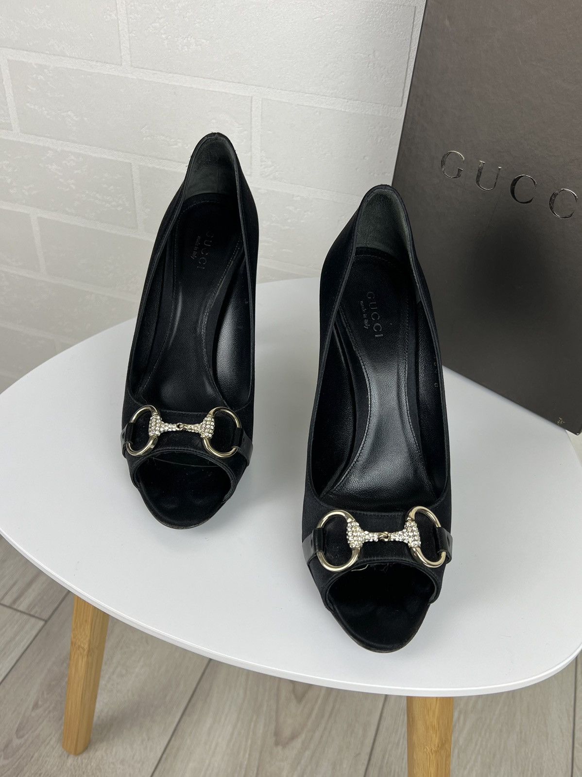 Gucci GUCCI Heels Satin Shoes Rhinestone Crystal Horsebit Peep Toe Size US 8.5 / IT 38.5 - 4 Thumbnail