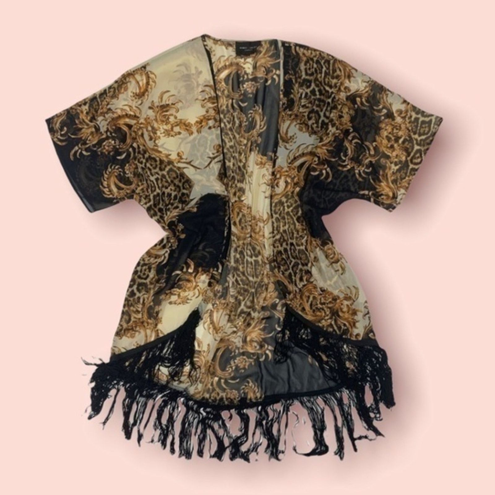 NBDN Nobrandedon Romeo & Juliet Fringe Trim Brown Kimono | Size S Size S / US 4 / IT 40 - 1 Thumbnail