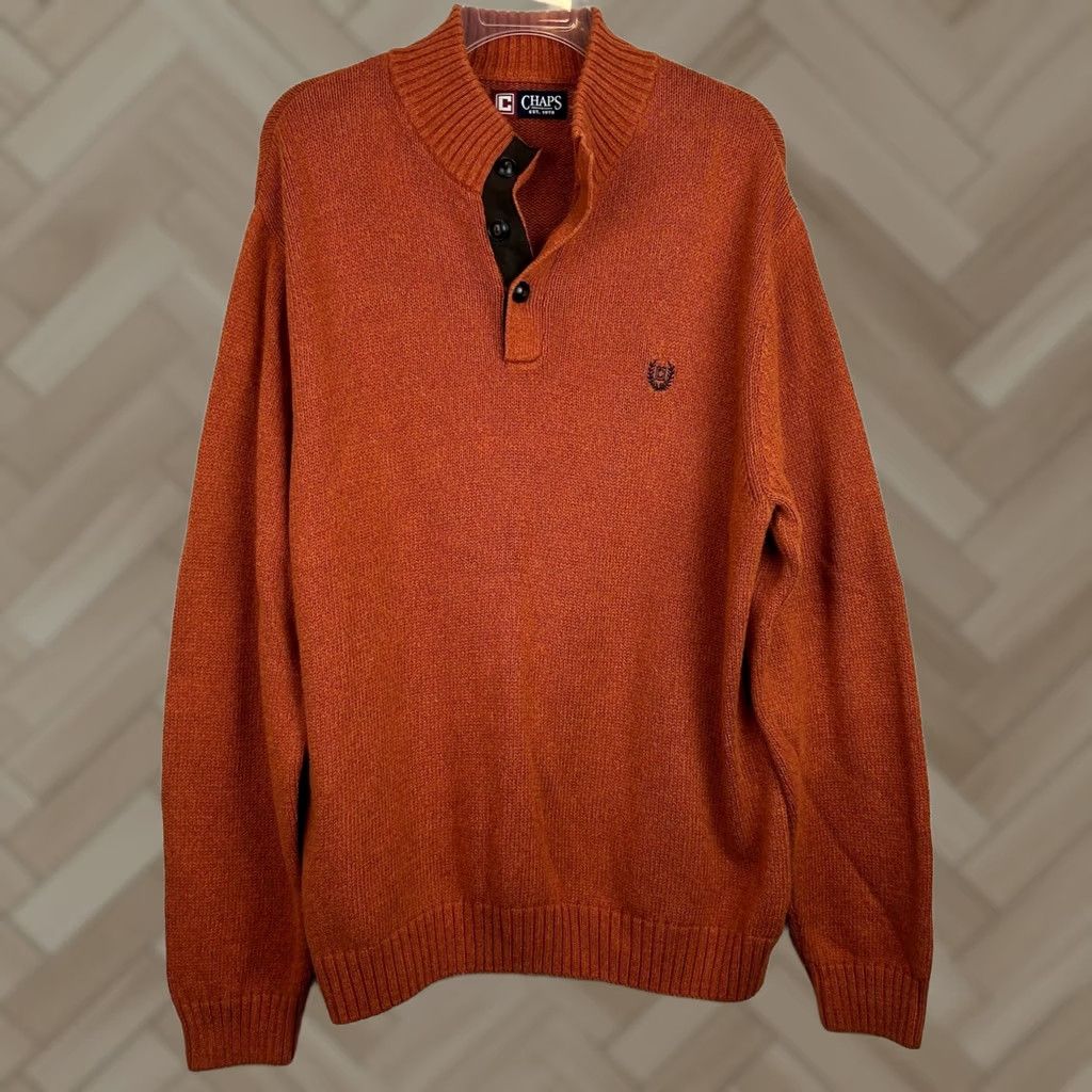Chaps Chaps Sweater Men L Quarter Button Mock Neck Orange Cotton Knit Long Sleeve Embroidered Patch Size US L / EU 52-54 / 3 - 1 Thumbnail