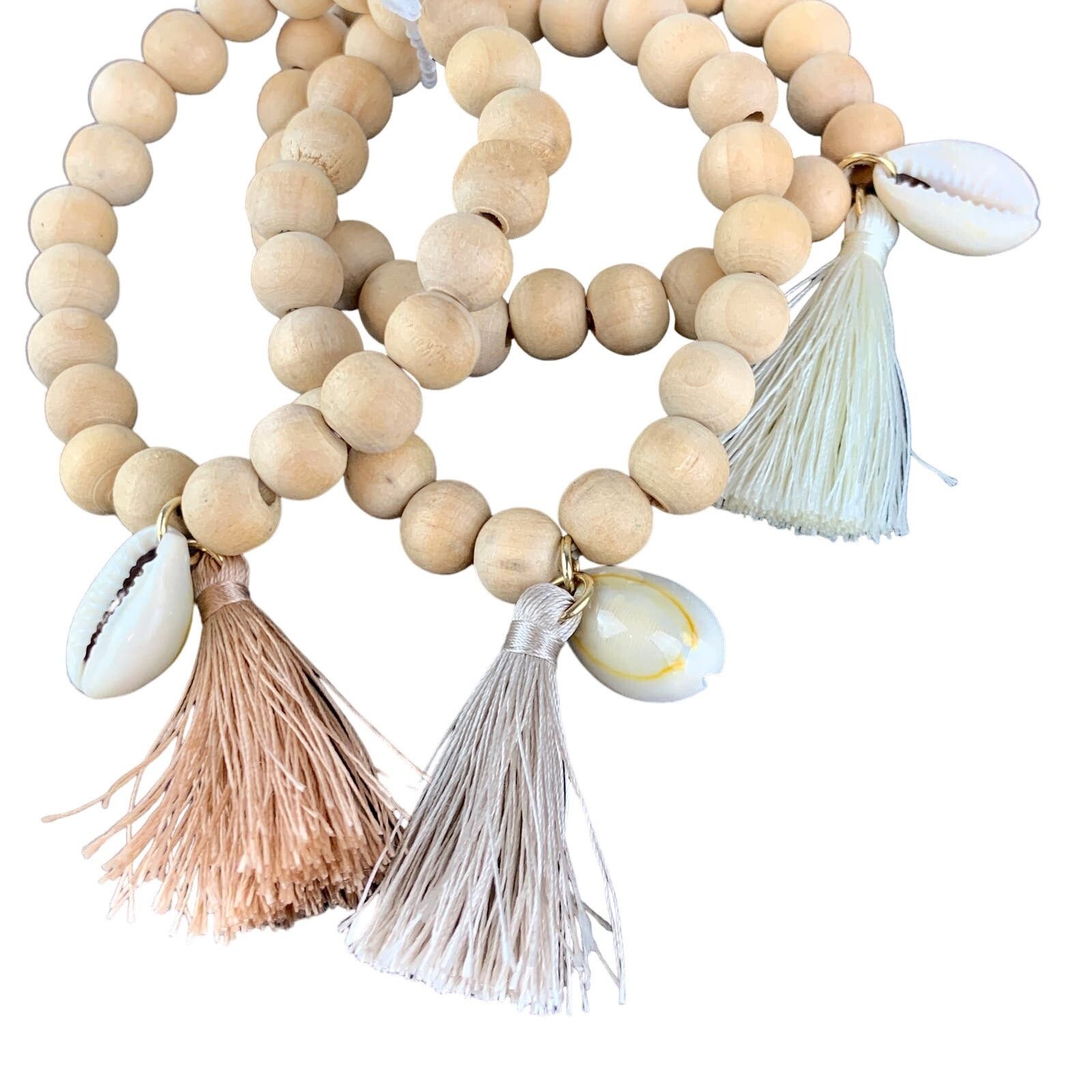 Other Wooden Bead Stretch Bracelet Cowrie Shell Tassel Boho x3 Size ONE SIZE - 5 Thumbnail