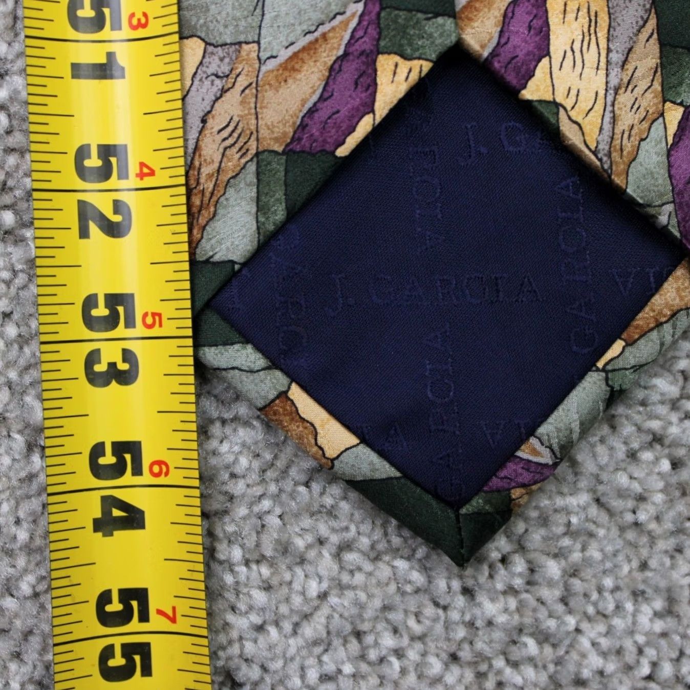 Vintage J. Garcia Necktie Geometric 100% Silk Abstract Green Tan Purple 55" Long 57"-60" Classic Tie Mens Size ONE SIZE - 8 Thumbnail