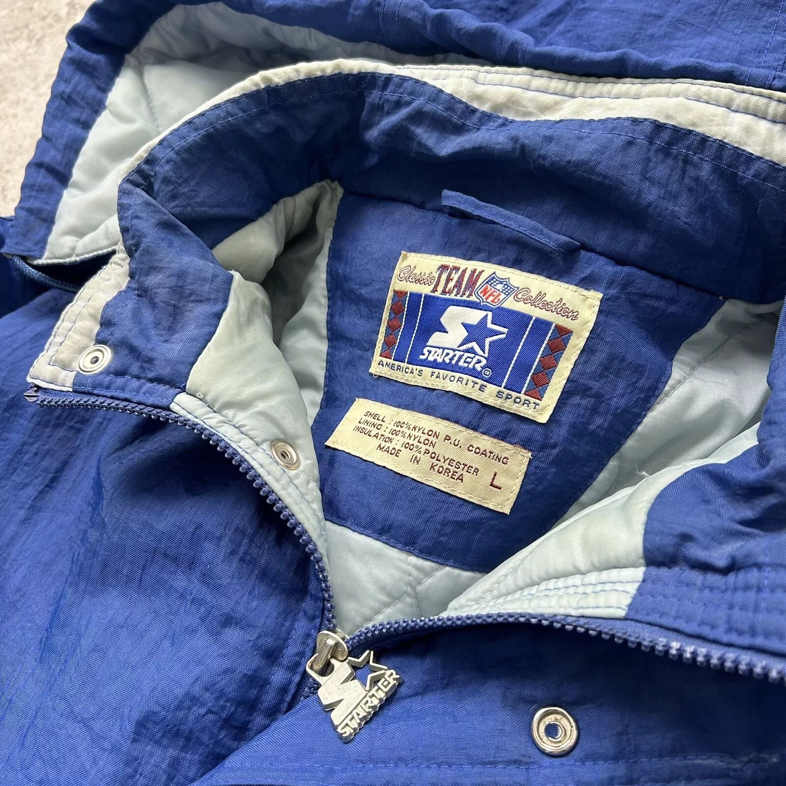 NFL × Starter × Vintage DALLAS COWBOYS STARTER PUFFER JACKET HOODIE SIZE L BLUE Size US L / EU 52-54 / 3 - 8 Thumbnail