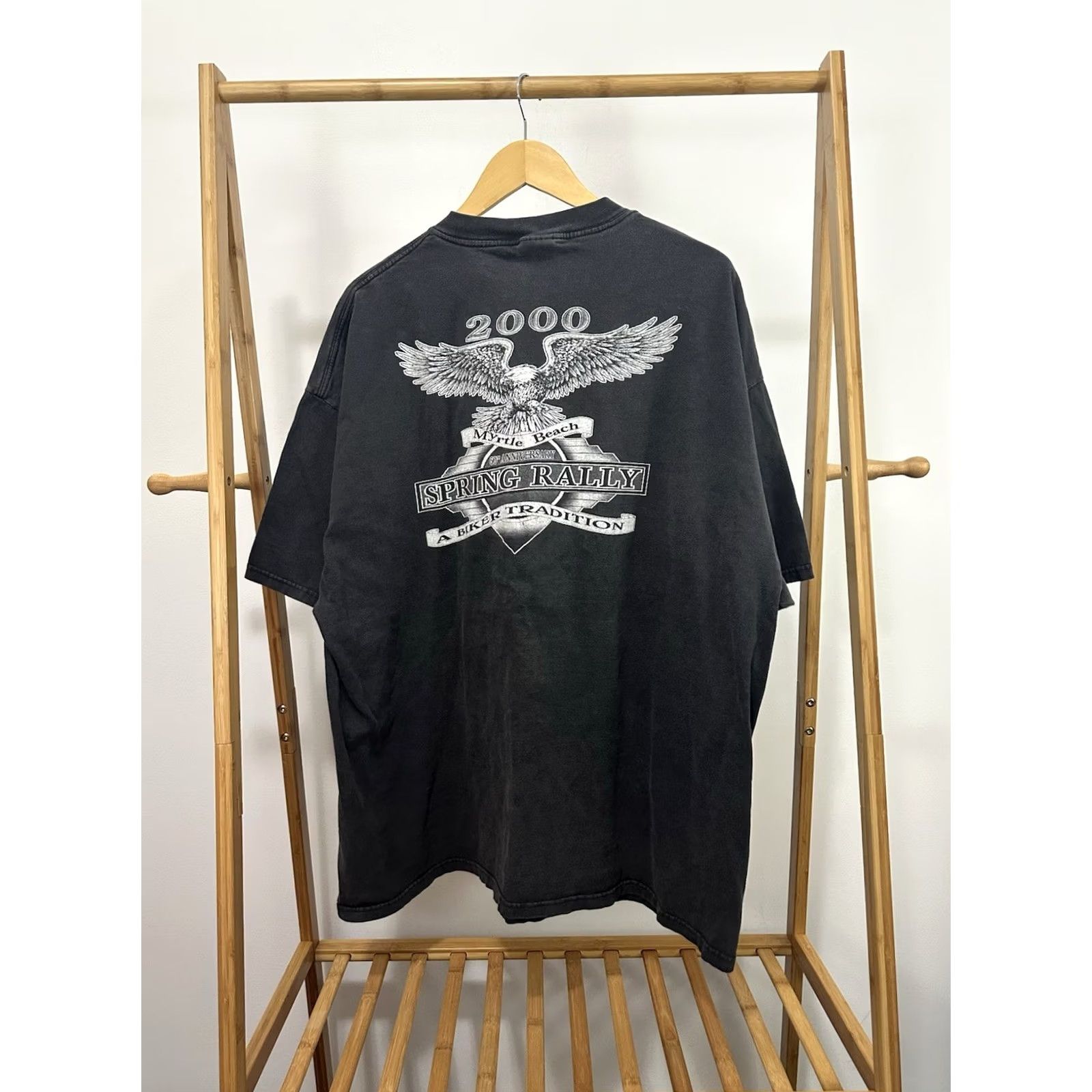 Hanes VTG Black Biker T-Shirt 3XL Hanes Motorcycle Eagle Faded Worn Mens Short Sleeve Shirt Size US XXL / EU 58 / 5 - 2 Thumbnail
