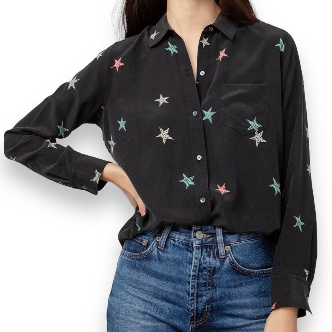 image of Rails Kate Animals Stars 100% Silk Button Front Shirt in Black, Women's (Size Large)