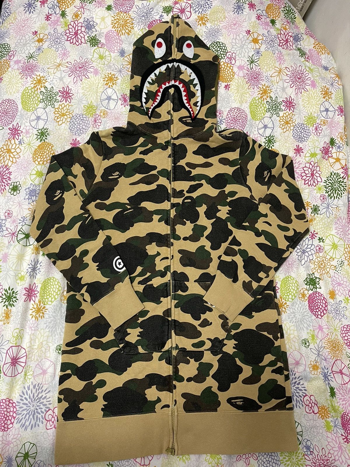 Pre-owned Bape Og Shark Yellow Camo Full Zip Hoodie S