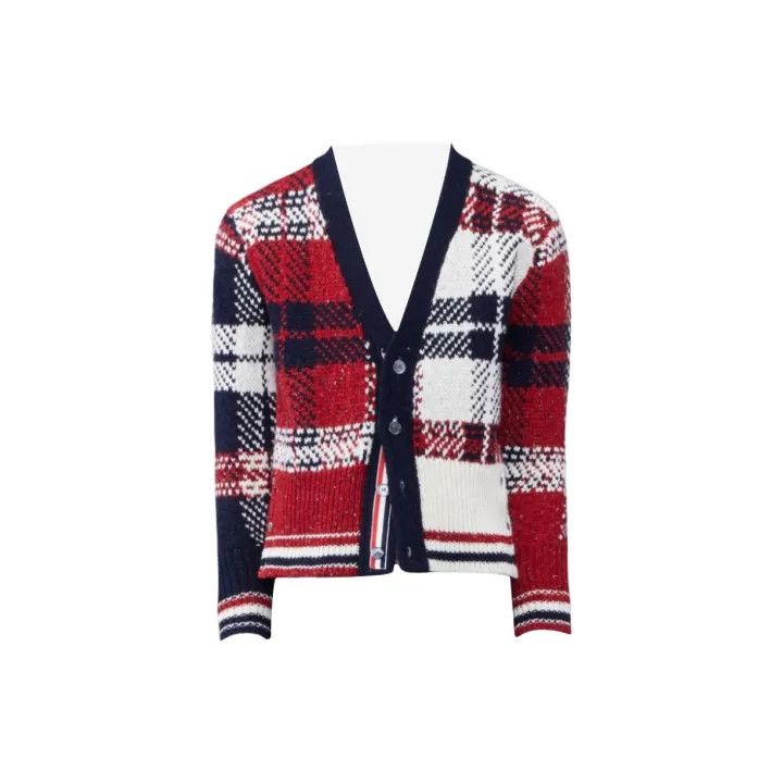Thom Browne Red V-Neck Check Knit Sweater 0079