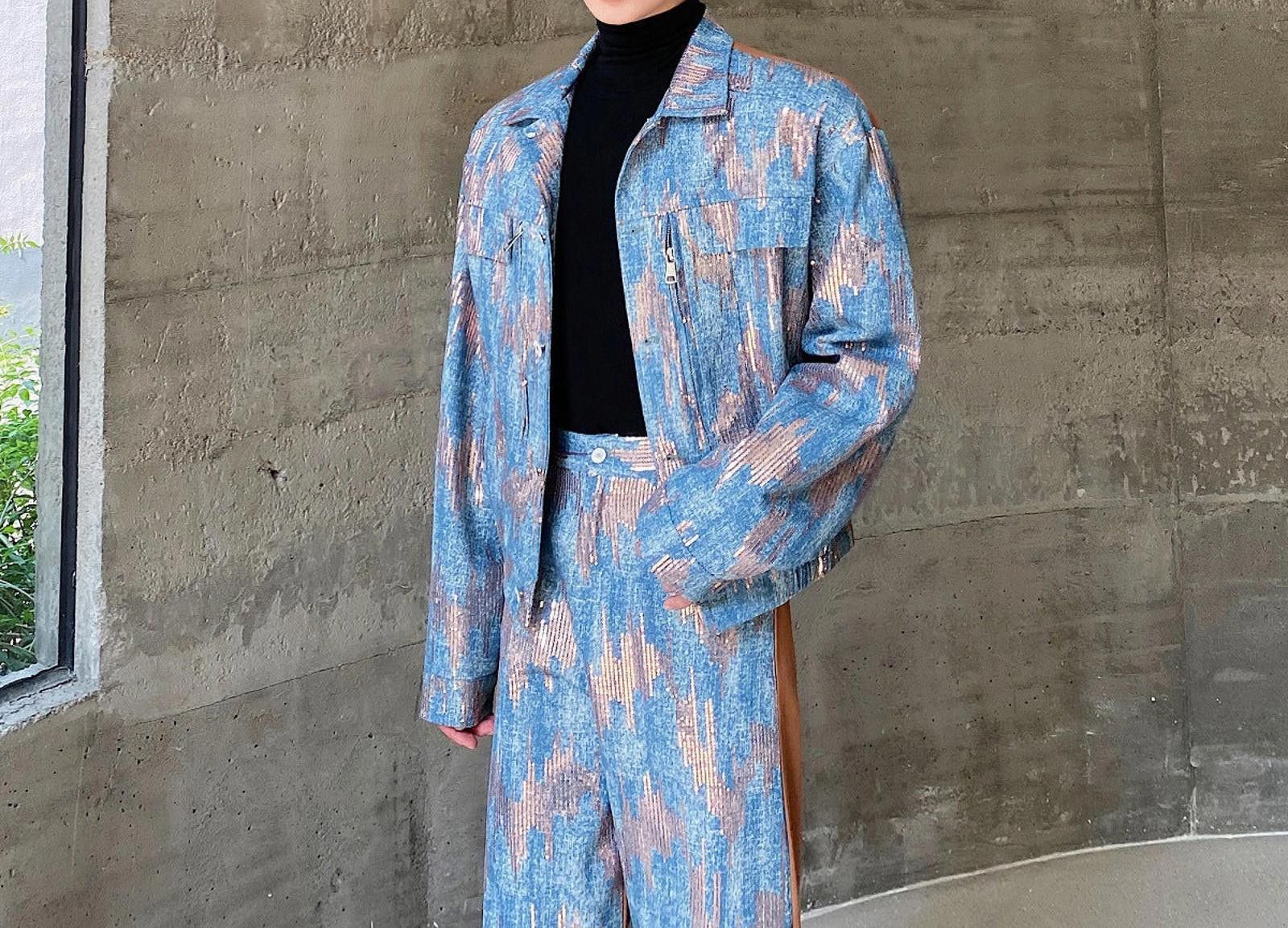 Japanese Brand Blue Patterned Wide Leg Denim Jacket and Pants Set Size US M / EU 48-50 / 2 - 5 Thumbnail