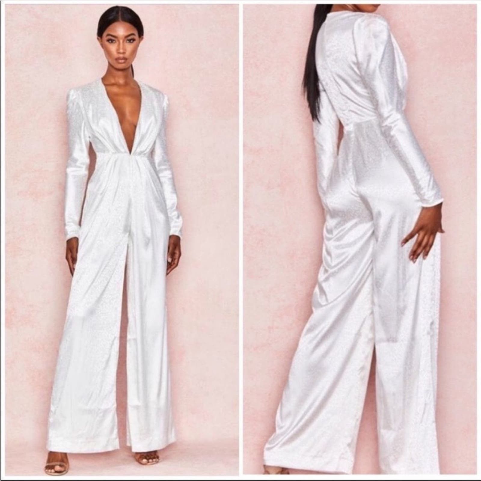 image of House Of Cb Rene Jumpsuit Animal Print White Puff Sleeves M, Women's (Size 28)