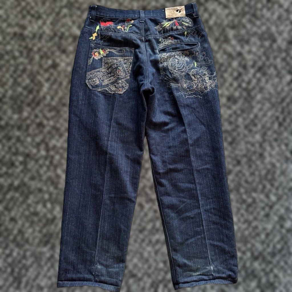 Vintage VINTAGE Raw Blue Embroidered Circus Indigo Blue Baggy Jeans 36 x 32 Streetwear 90s Grunge Hip Hop Size US 36 / EU 52 - 1 Thumbnail