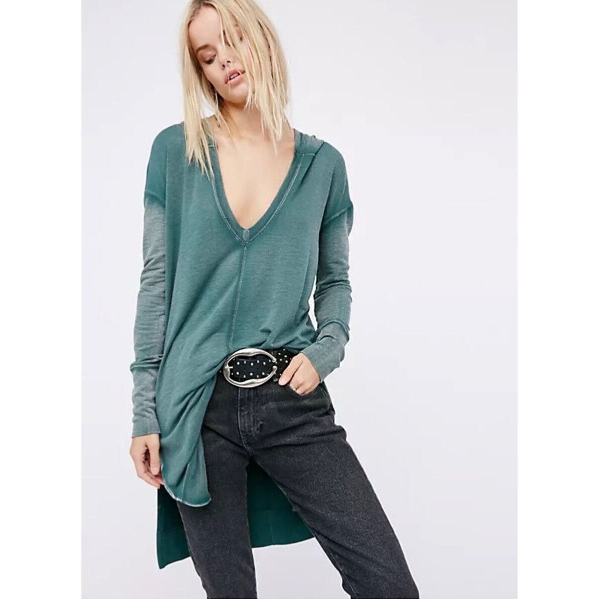 Free People RARE Free People Distressed Green V-Neck Hooded Tunic S | Bo Size S / US 4 / IT 40 - 1 Thumbnail