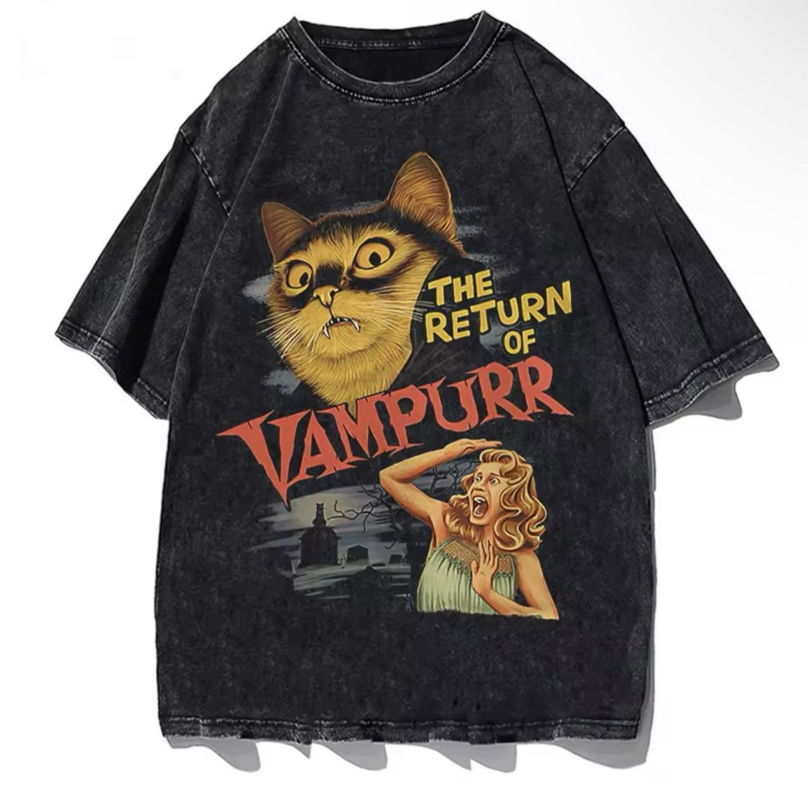 Other Vintage Washed Vampire Cat Short Sleeve T-Shirt Men Women Size US M / EU 48-50 / 2 - 1 Thumbnail