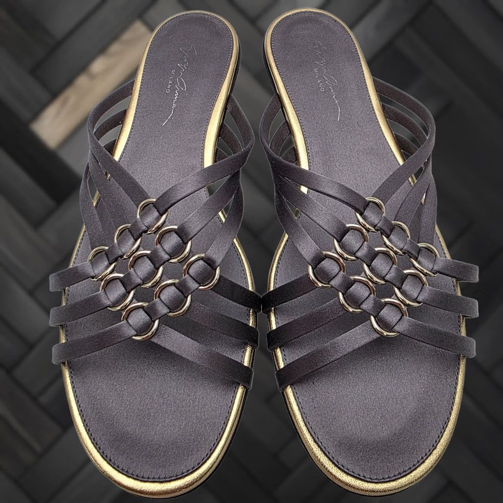 Giorgio Armani Giorgio Armani Black Leather Golden Trim Flat Sandals Women's Size 39 Bnwt Size US 9 / IT 39 - 1 Thumbnail