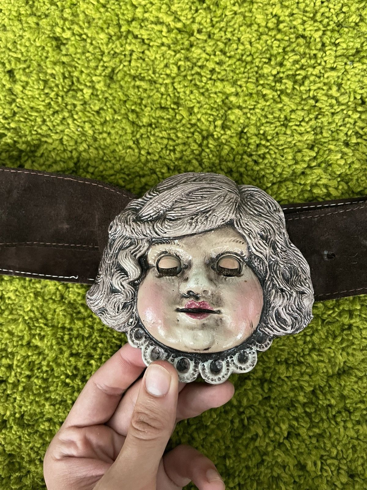 Designer Scary doll head buckle handmade leather belt Y2K Size ONE SIZE - 5 Thumbnail