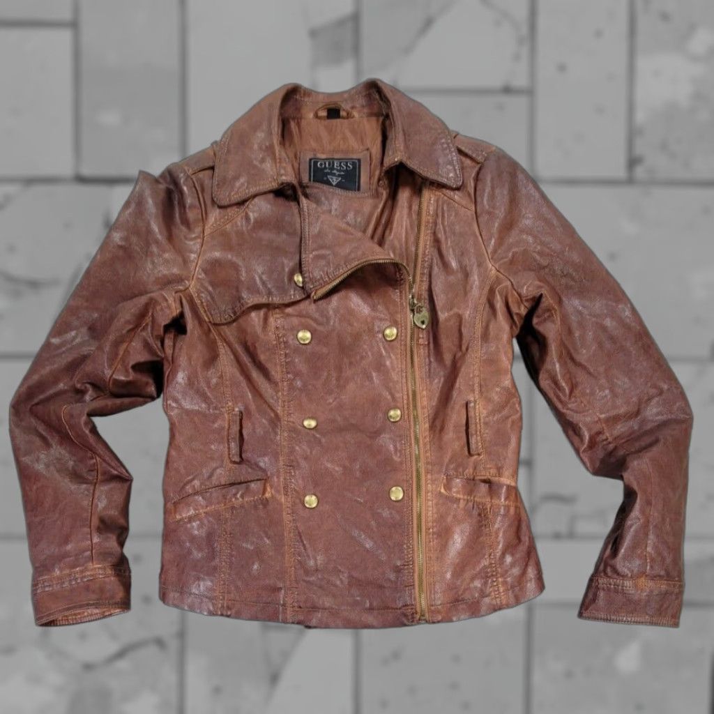 Guess GUESS Motorcycle Jacket Women Brown Full Zip Button Medium M Leather Look Size M / US 6-8 / IT 42-44 - 1 Thumbnail