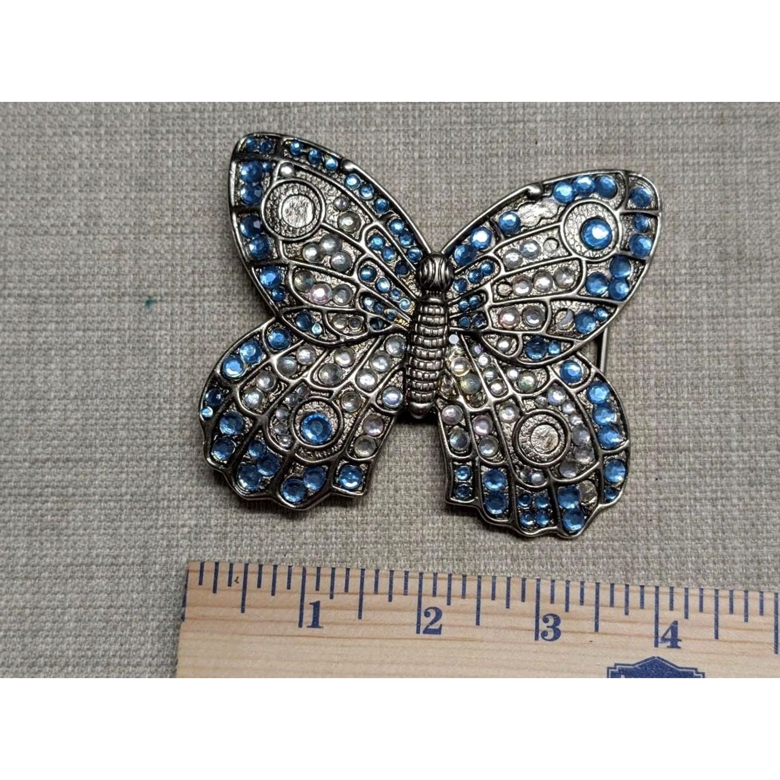 Vintage VINTAGE Butterfly Belt Buckle RHINESTONE Western Studded Mens 3.25x4" Blue Silver Fits 1.5" Belt max Size ONE SIZE - 6 Thumbnail