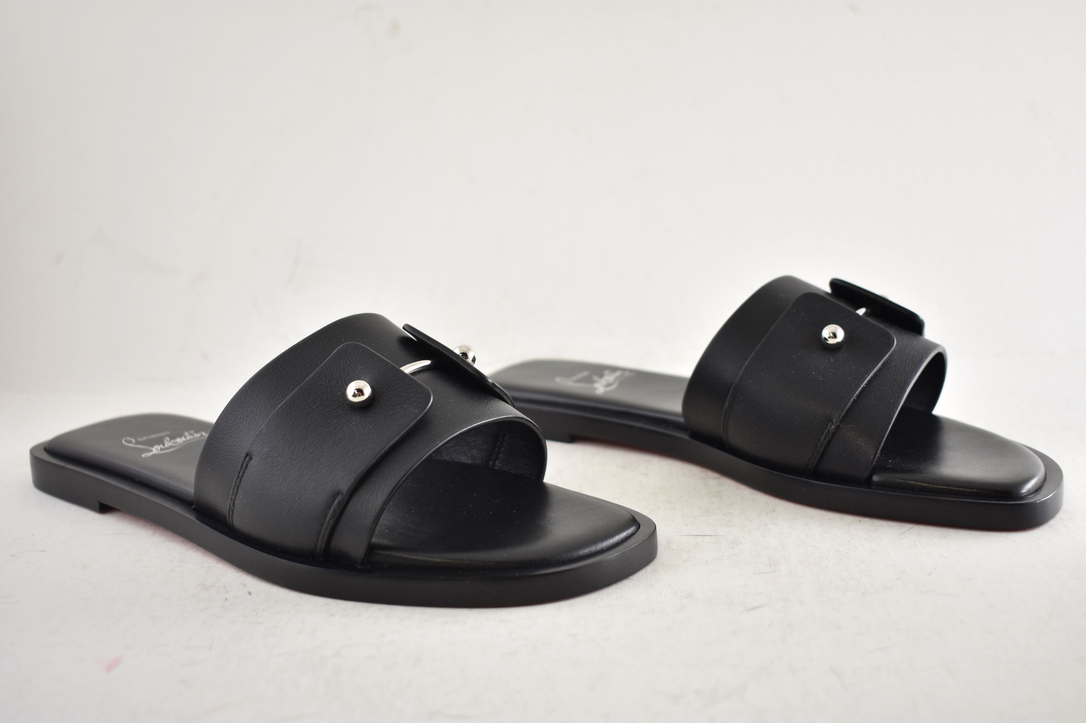 Christian Louboutin Chambelimule Donna Flat Black Calf Leather Slide Sandal 35 Size US 5 / IT 35 - 4 Thumbnail